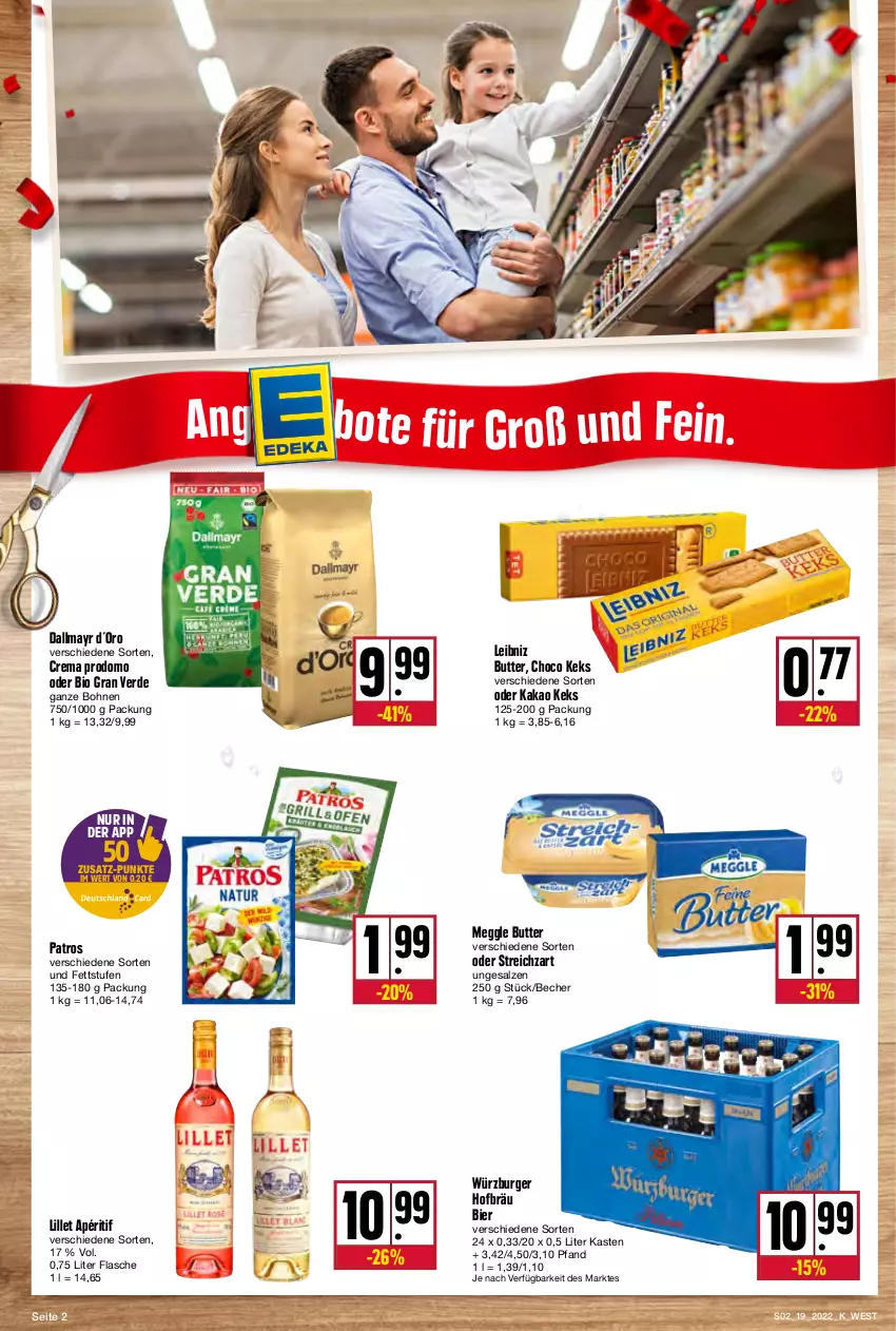 Aktueller Prospekt Kupsch - Angebote der Woche - von 09.05 bis 14.05.2022 - strona 2 - produkty: Becher, bier, bio, bohne, bohnen, burger, butter, dallmayr, erde, flasche, kakao, keks, leibniz, lillet, meggle, patros, prodomo, salz, Streichzart, Ti