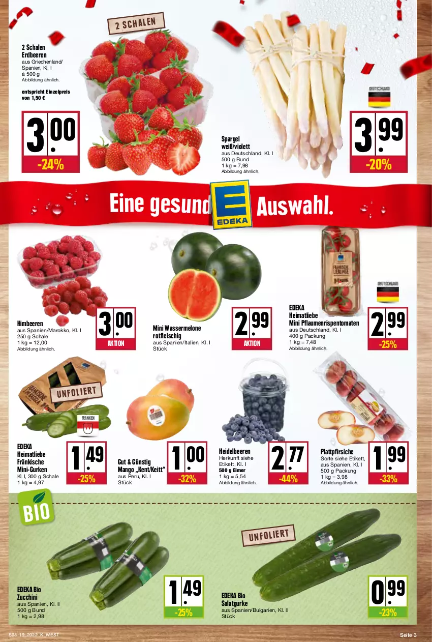 Aktueller Prospekt Kupsch - Angebote der Woche - von 09.05 bis 14.05.2022 - strona 3 - produkty: beere, beeren, bio, deka, edeka bio, eimer, eis, erdbeere, erdbeeren, fleisch, gurke, gurken, heidelbeere, heidelbeeren, himbeer, himbeere, himbeeren, LG, mango, melone, mini-gurken, pfirsich, pfirsiche, pflaume, pflaumen, plattpfirsiche, reis, rispentomaten, salat, Salatgurke, Schal, Schale, spargel, Ti, tomate, tomaten, wasser, wassermelone, zucchini