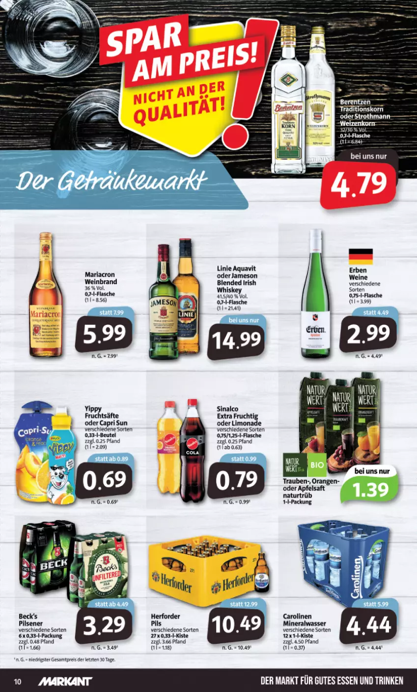 Aktueller Prospekt Markant - Prospekte - von 22.08 bis 27.08.2022 - strona 10 - produkty: Alwa, apfel, apfelsaft, aqua, aquavit, beutel, Cap, eis, flasche, frucht, fruchtsäfte, gutes essen, irish whiskey, jameson, limo, limonade, mariacron, mineralwasser, natur, orange, orangen, pils, pilsener, reis, Ria, saft, säfte, sinalco, Ti, trauben, wasser, wein, weinbrand, weine, whiskey, ZTE