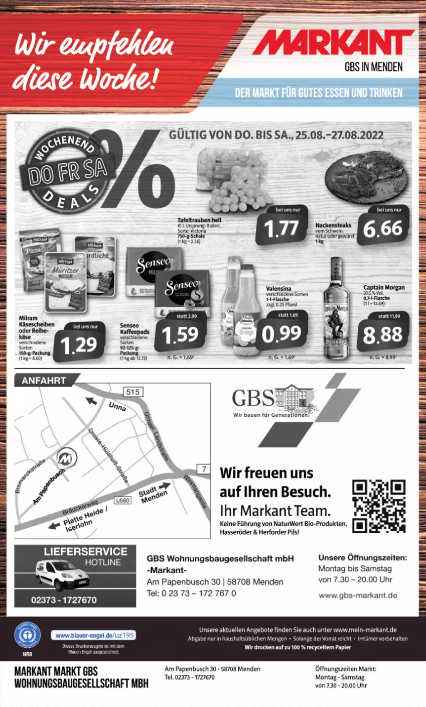 Aktueller Prospekt Markant - Prospekte - von 22.08 bis 27.08.2022 - strona 12 - produkty: angebot, angebote, Bau, Bebe, bio, brot, elle, erde, hasseröder, lieferservice, natur, pils, Ria, rwe, Schal, Schale, tafeltrauben, Ti, trauben, uhr, valensina