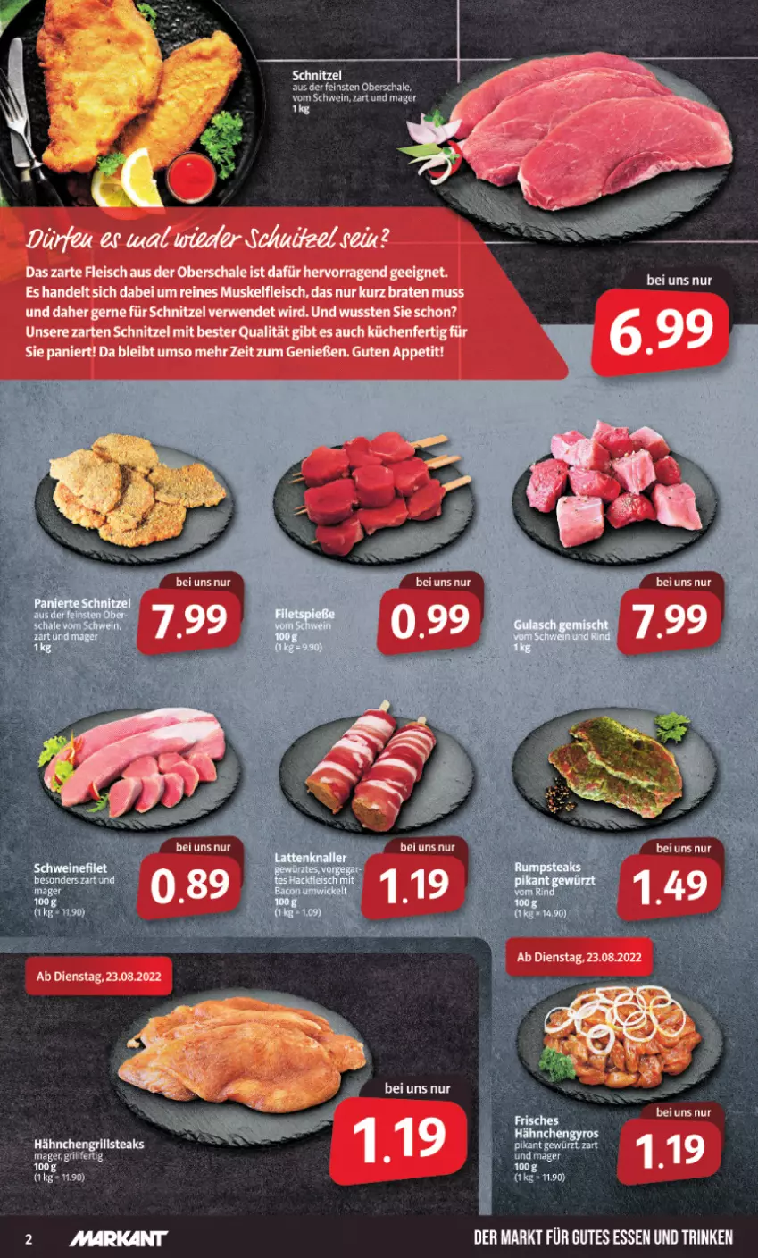 Aktueller Prospekt Markant - Prospekte - von 22.08 bis 27.08.2022 - strona 2 - produkty: braten, eis, fleisch, gutes essen, rwe, Schal, Schale, schnitzel, tee, Ti