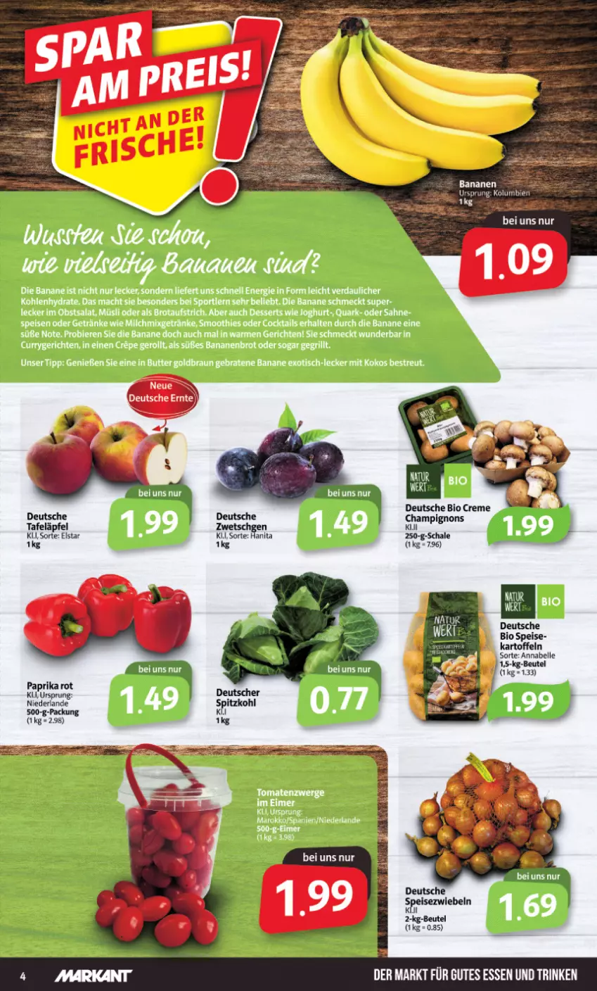 Aktueller Prospekt Markant - Prospekte - von 22.08 bis 27.08.2022 - strona 4 - produkty: banane, bananen, beutel, bio, champignon, champignons, creme, eis, elle, gutes essen, kartoffel, kartoffeln, paprika, paprika rot, Schal, Schale, Speisezwiebeln, tafeläpfel, Ti, zwiebel, zwiebeln