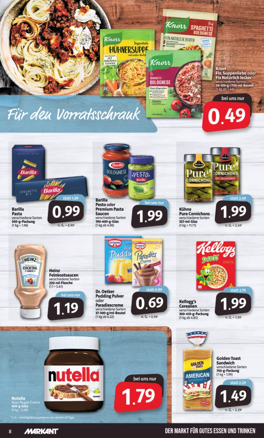 Aktueller Prospekt Markant - Prospekte - von 22.08 bis 27.08.2022 - strona 8 - produkty: barilla, beutel, bolognese, cerealien, creme, Dr. Oetker, feinkost, flasche, golden toast, heinz, Kühne, LG, pasta, Pasta Sauce, pesto, pudding, sandwich, sauce, saucen, suppe, suppen, suppenliebe, Ti, toast