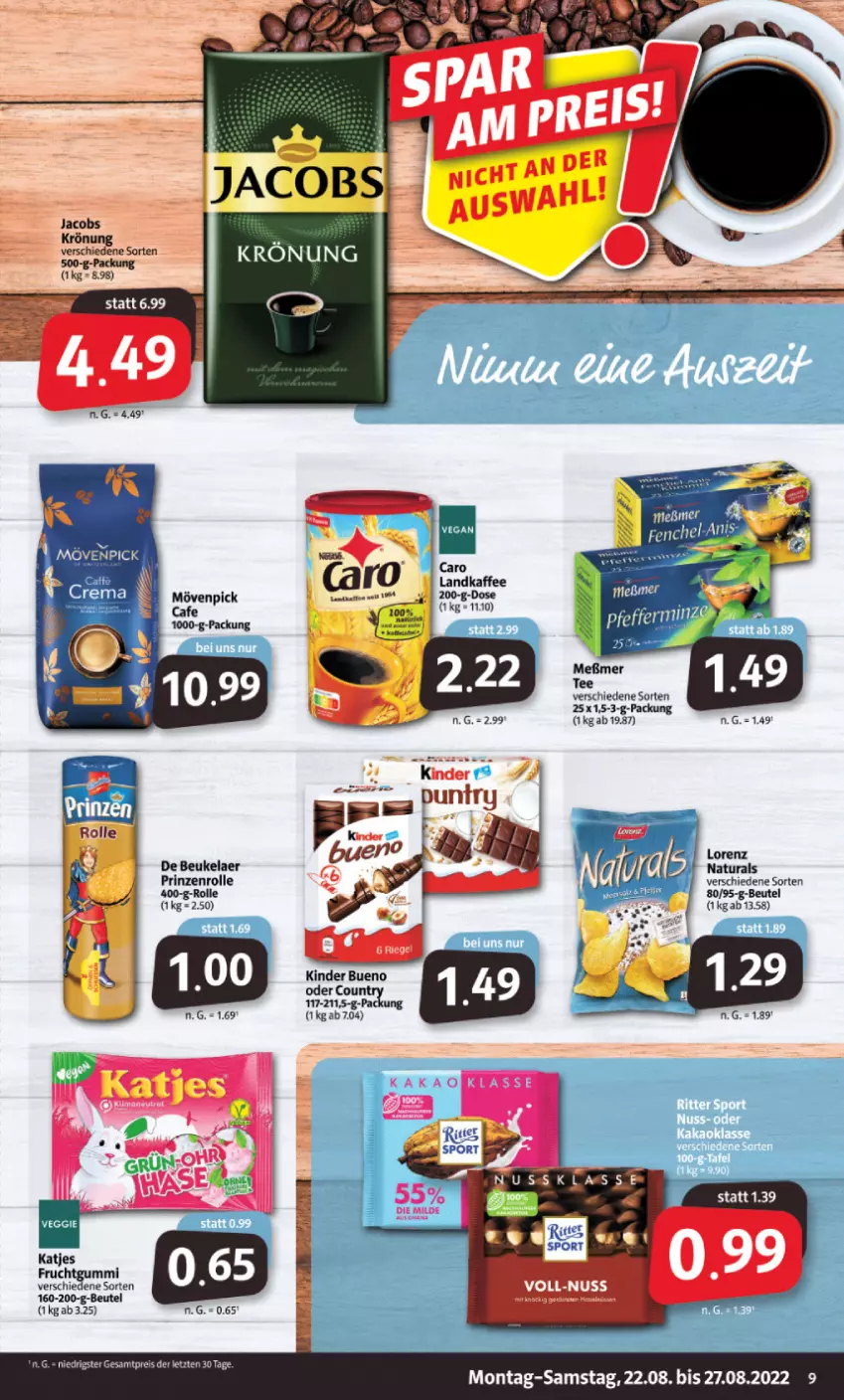 Aktueller Prospekt Markant - Prospekte - von 22.08 bis 27.08.2022 - strona 9 - produkty: beutel, de beukelaer, jacobs, Kinder, kinder bueno, lorenz, mövenpick, natur, natura, nuss, prinzenrolle, Ti