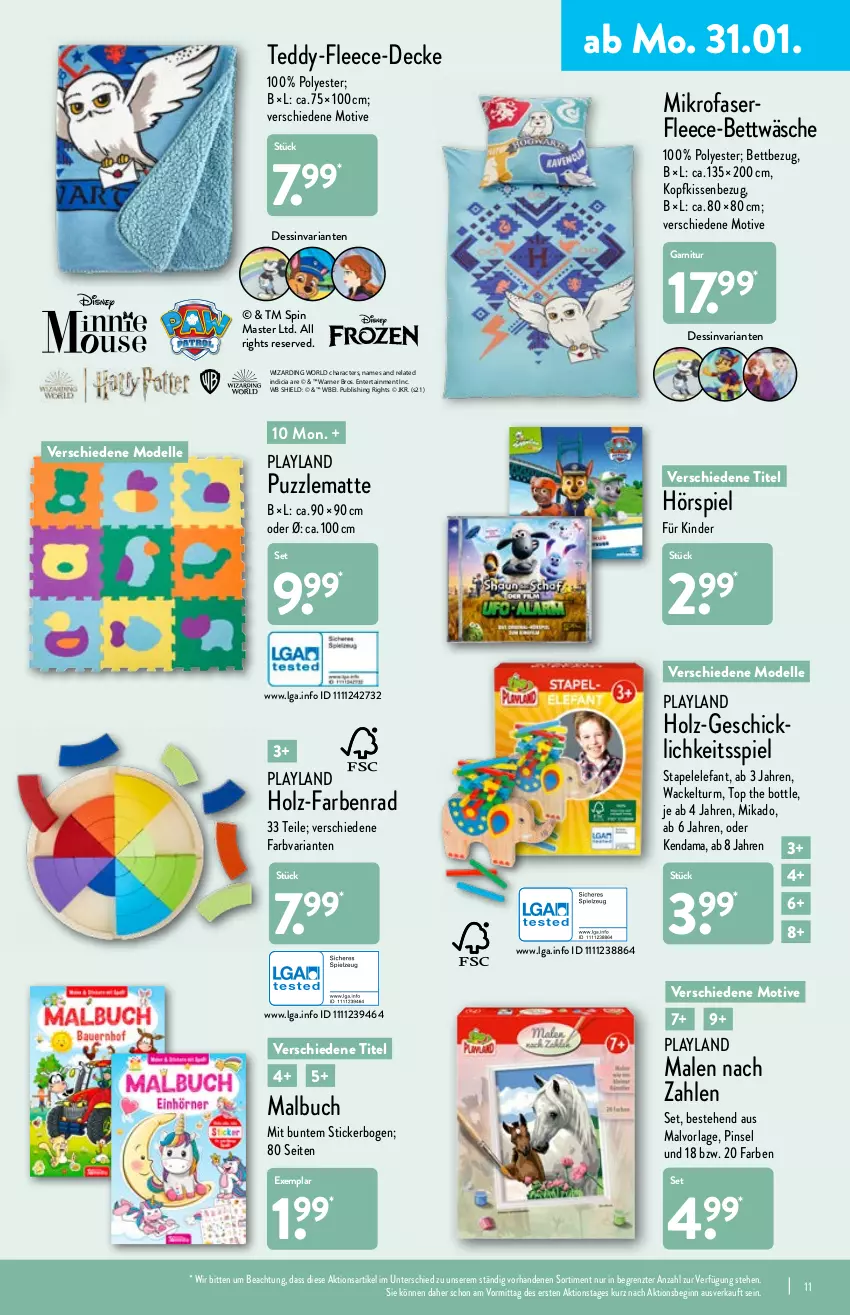 Aktueller Prospekt Aldi Nord - Aldi-Vorschau - von 31.01 bis 05.02.2022 - strona 11 - produkty: bett, bettwäsche, buch, decke, dell, Elefant, elle, ente, garnitur, gin, Holz, Kinder, kissen, Kissenbezug, kopfkissen, kopfkissenbezug, LG, Malbuch, mikado, mikrofaser, Mode, Pinsel, Puzzle, rel, Ria, Ti, ZTE