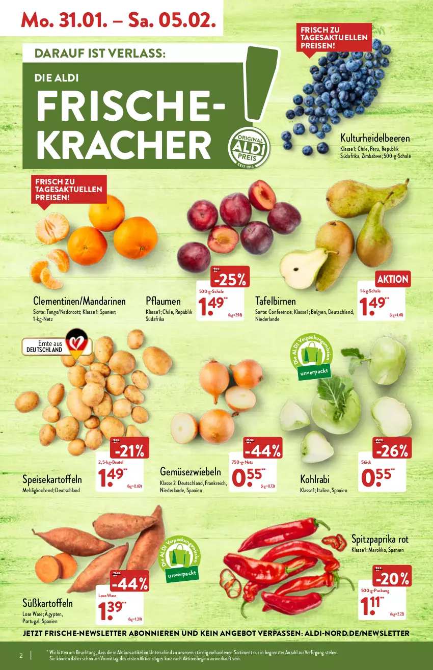 Aktueller Prospekt Aldi Nord - Aldi-Vorschau - von 31.01 bis 05.02.2022 - strona 2 - produkty: aldi, angebot, beere, beeren, beutel, Birnen, clementinen, eis, elle, Gemüsezwiebel, gin, heidelbeere, heidelbeeren, kartoffel, kartoffeln, kohlrabi, kracher, LG, mandarine, mandarinen, mehl, paprika, paprika rot, pflaume, pflaumen, reis, Schal, Schale, speisekartoffeln, Spitzpaprika, Süßkartoffeln, tafelbirnen, Ti, ZTE, zwiebel, zwiebeln