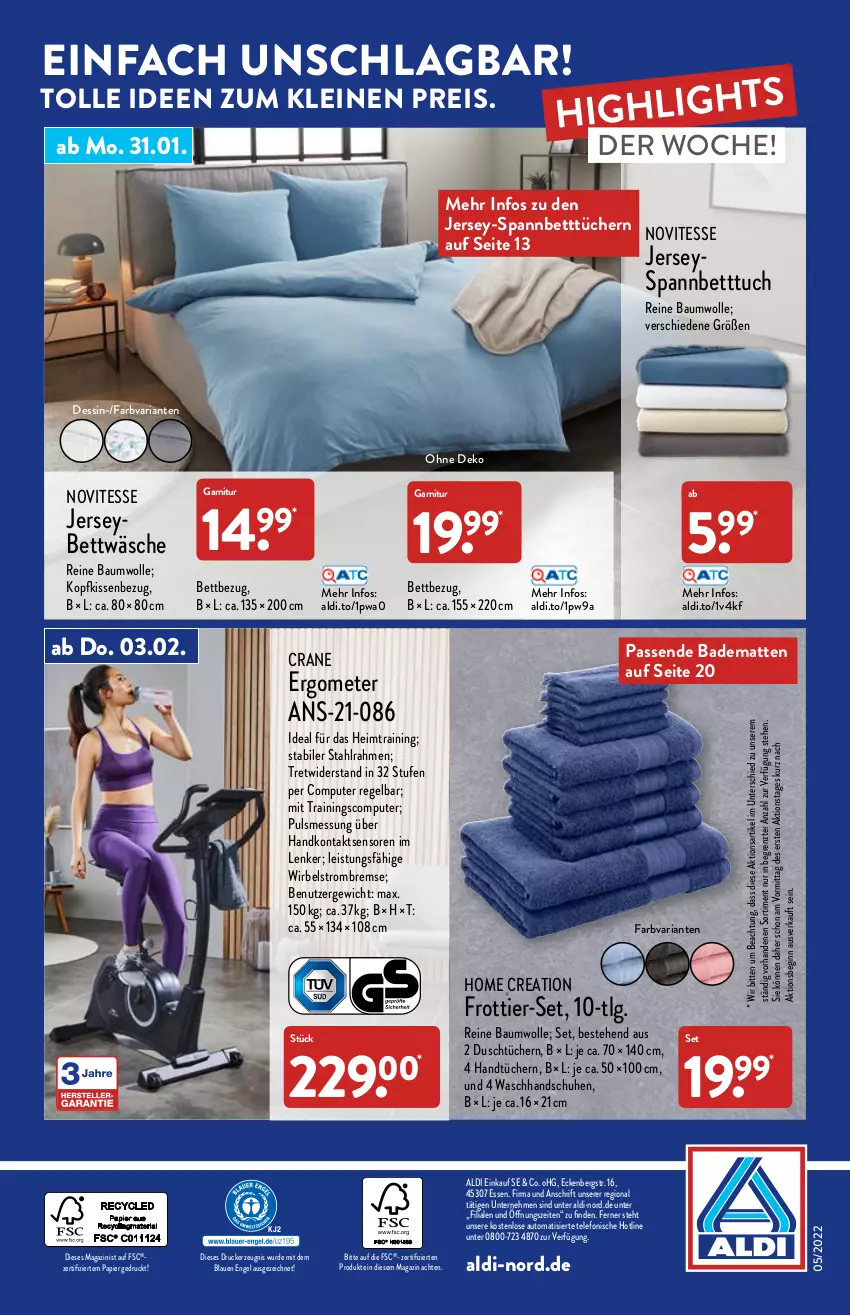 Aktueller Prospekt Aldi Nord - Aldi-Vorschau - von 31.01 bis 05.02.2022 - strona 32 - produkty: aldi, auto, Bad, badematte, Bau, baumwolle, bett, Betttuch, bettwäsche, computer, drucker, eis, Engel, Frottier-Set, garnitur, gin, handschuhe, handtücher, kerze, kissen, Kissenbezug, kopfkissen, kopfkissenbezug, leine, LG, magazin, ndk, papier, pute, reine baumwolle, reis, Ria, schuhe, spannbetttuch, Spannbetttücher, telefon, Ti, tuc, tücher, waschhandschuh, wolle, ZTE