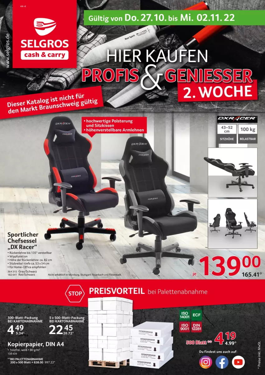 Aktueller Prospekt Selgros - Nonfood - von 27.10 bis 02.11.2022 - strona 1 - produkty: acer, armlehnen, Brei, chefsessel, din a4, eis, Holz, kissen, kopierpapier, LG, office, Palette, papier, preisvorteil, reis, rückenlehne, sessel, sitzkissen, Sport, Ti