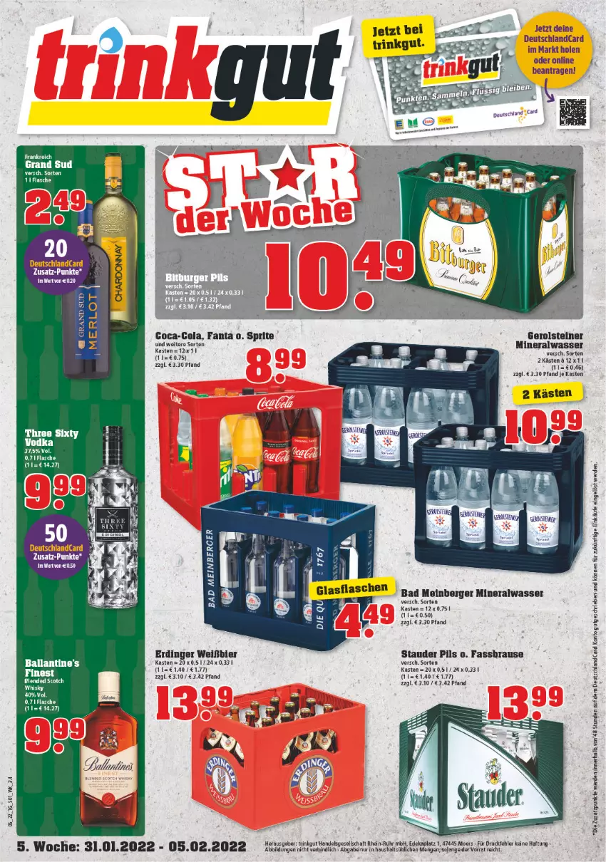 Aktueller Prospekt Trinkgut - von 31.01 bis 05.02.2022 - strona 1 - produkty: Alwa, Bad, ball, Berger, bier, blended scotch, brause, coca-cola, cola, deutschlandcard, erde, erdinger, fanta, fassbrause, flasche, gerolsteine, gerolsteiner, mineralwasser, pils, scotch, sprite, steiner, Ti, wasser