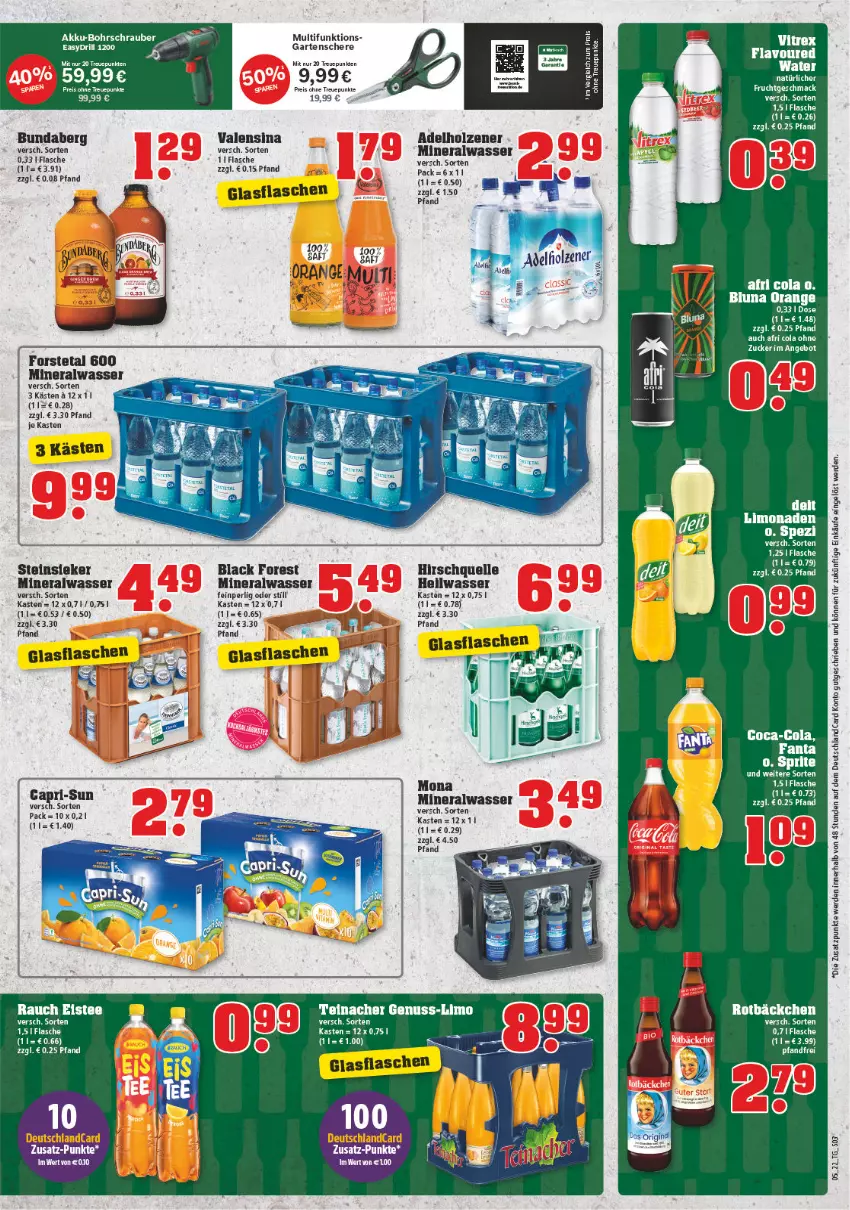 Aktueller Prospekt Trinkgut - von 31.01 bis 05.02.2022 - strona 3 - produkty: adelholzener, Afri Cola, akku, akku-bohrschrauber, Alwa, angebot, black forest, Bohrschrauber, Bundaberg, Cap, coca-cola, cola, deutschlandcard, eis, eistee, elle, erde, fanta, flasche, Forstetal, frucht, Garten, Gartenschere, glasflasche, Holz, lack, limo, limonade, limonaden, mac, mineralwasser, nuss, orange, Rauch, reis, Schere, Spezi, Steinsieker, tee, Ti, valensina, wasser, zucker