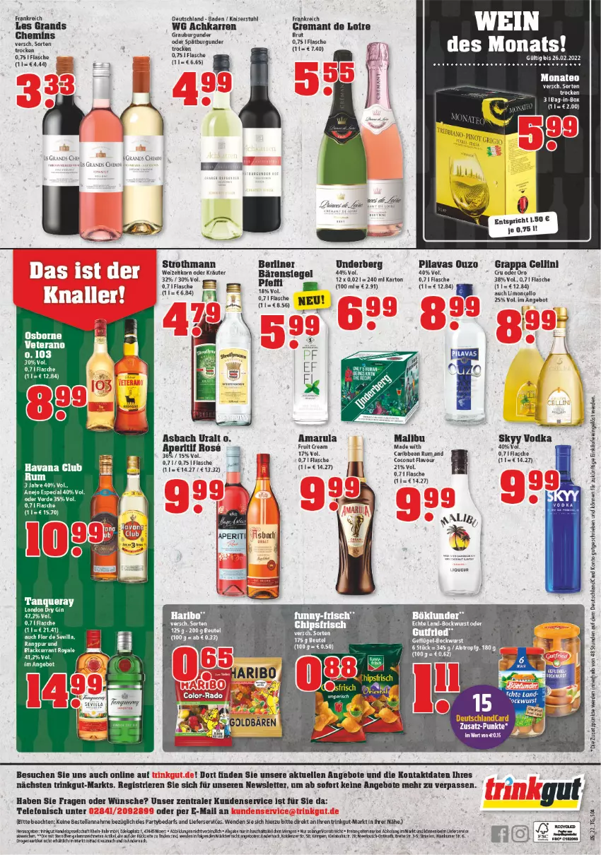 Aktueller Prospekt Trinkgut - von 31.01 bis 05.02.2022 - strona 4 - produkty: amarula, angebot, angebote, asbach uralt, Bad, bag-in-box, berliner, bockwurst, böklunder, Brei, brut, burgunder, chips, chipsfrisch, Currant, deka, deutschlandcard, eis, elle, ente, erde, flasche, funny-frisch, grappa, grauburgunder, gutfried, haribo, Havana Club, Kaiser, korn, kräuter, lack, LG, lieferservice, limo, Malibu, oder kräuter, osborne, ouzo, reis, rum, skyy, Skyy Vodka, spätburgunder, stuhl, Tanqueray, tee, telefon, Ti, uhr, underberg, veterano, vodka, weizenkorn, wurst