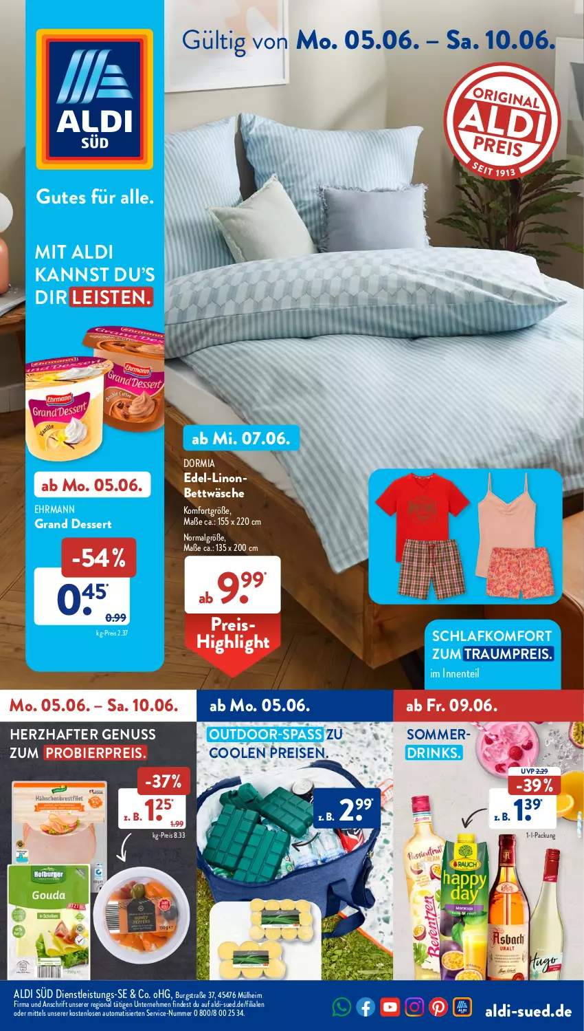 Aktueller Prospekt AldiSud - NÄCHSTE WOCHE - von 05.06 bis 10.06.2023 - strona 1 - produkty: aldi, auto, bett, bettwäsche, bier, dessert, dormia, drink, drinks, ehrmann, eis, ente, LG, nuss, reis, Ti