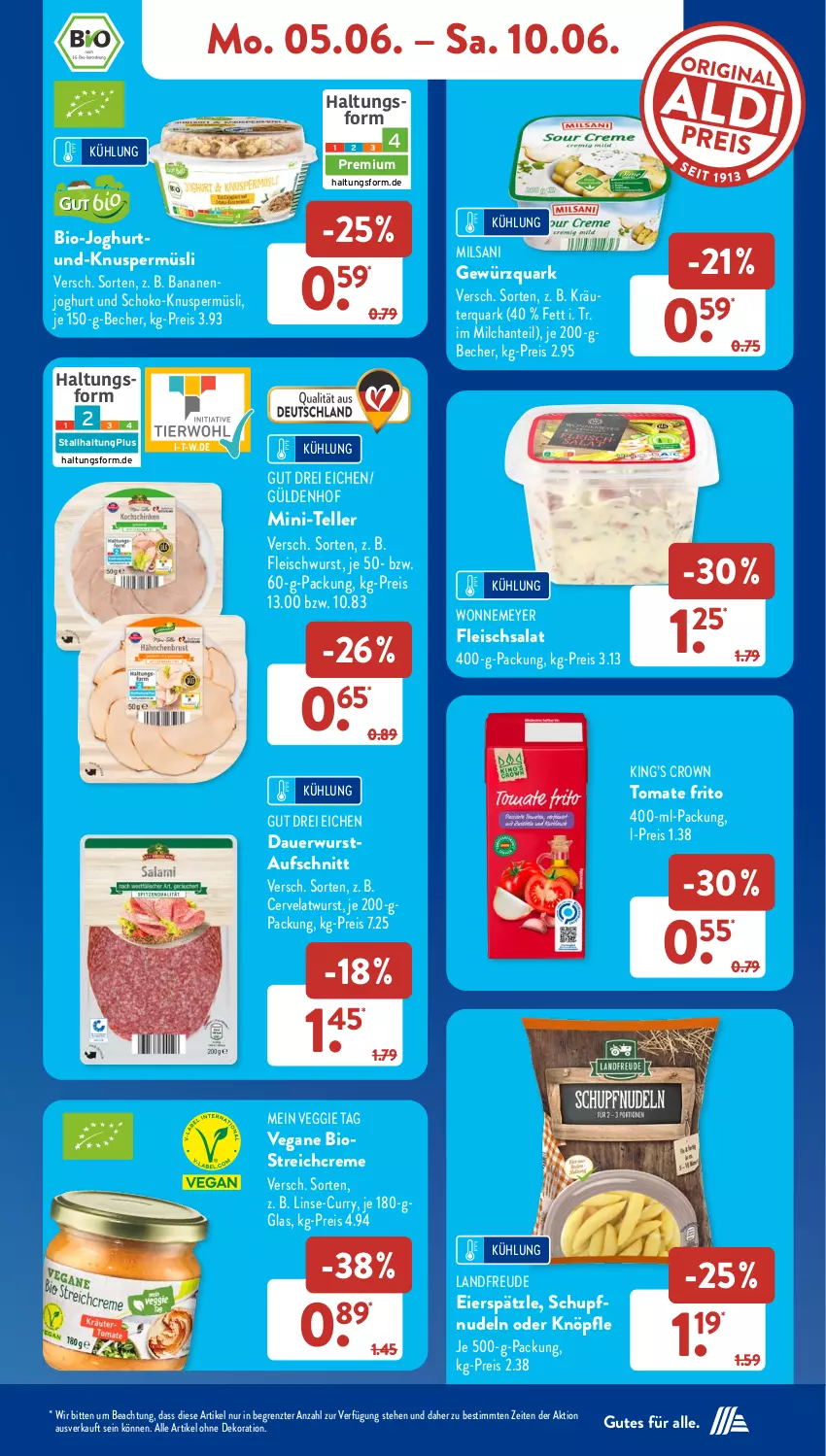 Aktueller Prospekt AldiSud - NÄCHSTE WOCHE - von 05.06 bis 10.06.2023 - strona 10 - produkty: alle artikel ohne dekoration, auer, aufschnitt, banane, bananen, Becher, bio, bio-joghurt, creme, curry, dekoration, eier, eierspätzle, eis, elle, fleisch, fleischsalat, fleischwurst, gewürz, gewürzquark, joghur, joghurt, Knuspermüsli, kräuter, milch, müsli, nudel, nudeln, quark, reis, salat, schoko, teller, Ti, tomate, veggie, wurst, ZTE