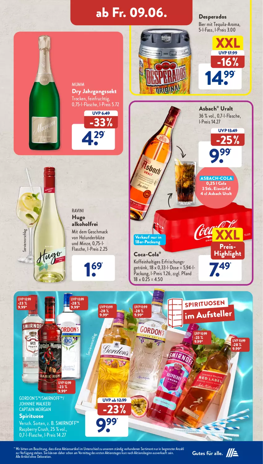 Aktueller Prospekt AldiSud - NÄCHSTE WOCHE - von 05.06 bis 10.06.2023 - strona 34 - produkty: alkohol, alle artikel ohne dekoration, asbach uralt, bier, Blüte, Cap, captain morgan, coca-cola, cola, dekoration, desperados, eis, eiswürfel, elle, flasche, frucht, getränk, gin, gordon, Gordon’s, holunder, holunderblüte, hugo, jahrgangssekt, johnnie walker, mac, minze, mumm, raspberry, reis, sekt, smirnoff, spirituosen, teller, tequila, Ti, würfel, ZTE