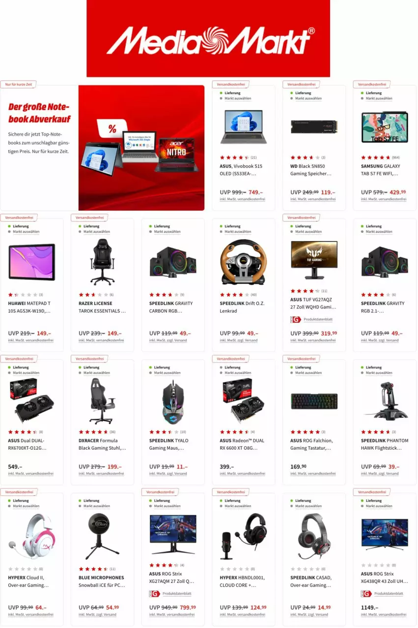 Aktueller Prospekt Media Markt - Prospekte - von 12.07 bis 19.07.2022 - strona 1 - produkty: acer, asus, ball, deo, eis, gaming maus, huawei, Huawei Mate, lack, Maus, ndk, radeon, Razer, reis, rel, Samsung, samsung galaxy, spee, stuhl, Tastatur, Ti, versandkostenfrei, VivoBook