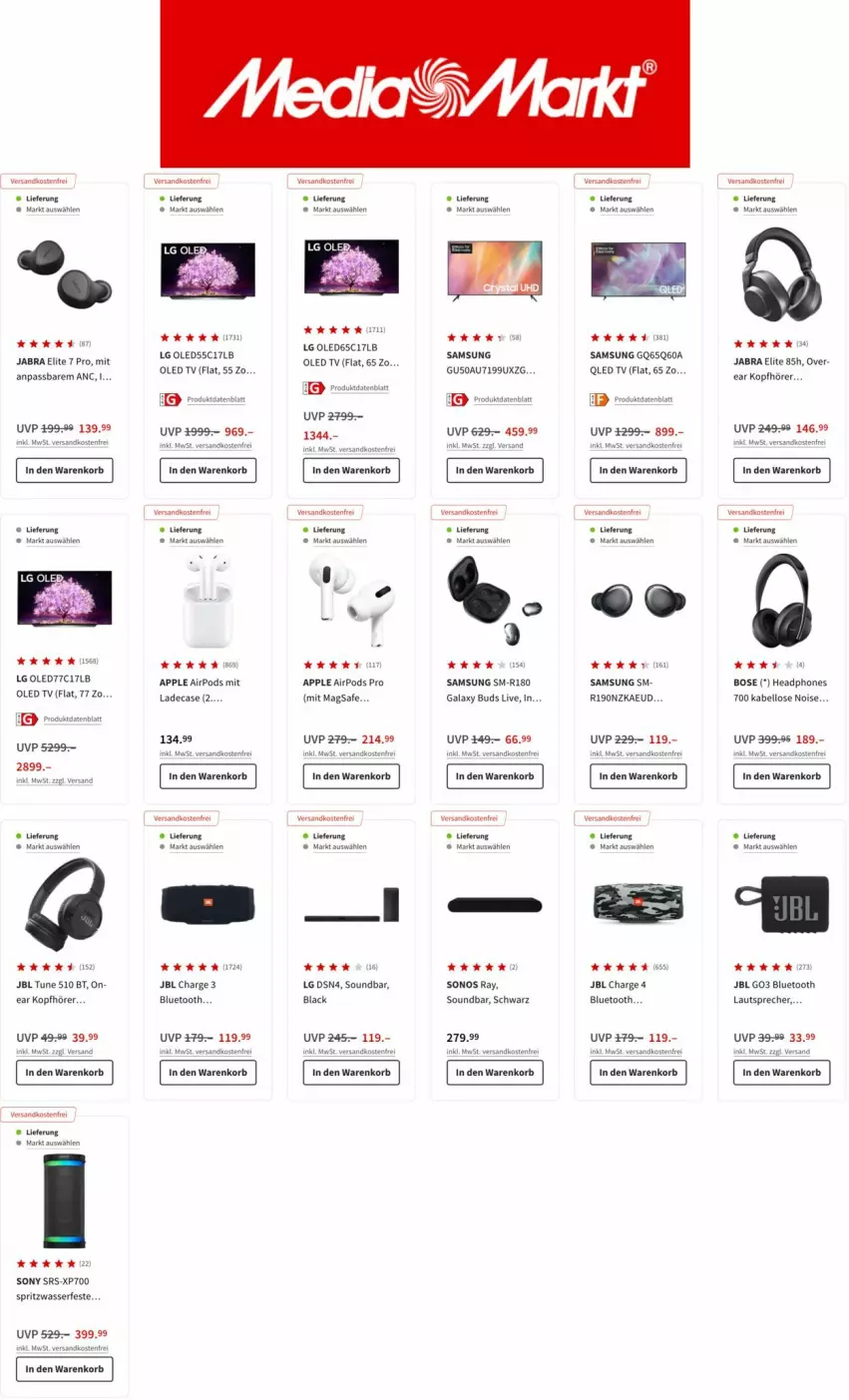 Aktueller Prospekt Media Markt - Prospekte - von 12.07 bis 19.07.2022 - strona 8 - produkty: Apple, Apple AirPods, Apple AirPods Pro, Bose, jbl, kopfhörer, korb, lack, lautsprecher, led tv, leds, LG, ndk, oled tv, Pods, qled, rel, rosen, Samsung, Sonos, sony, soundbar, Ti, versandkostenfrei, wasser