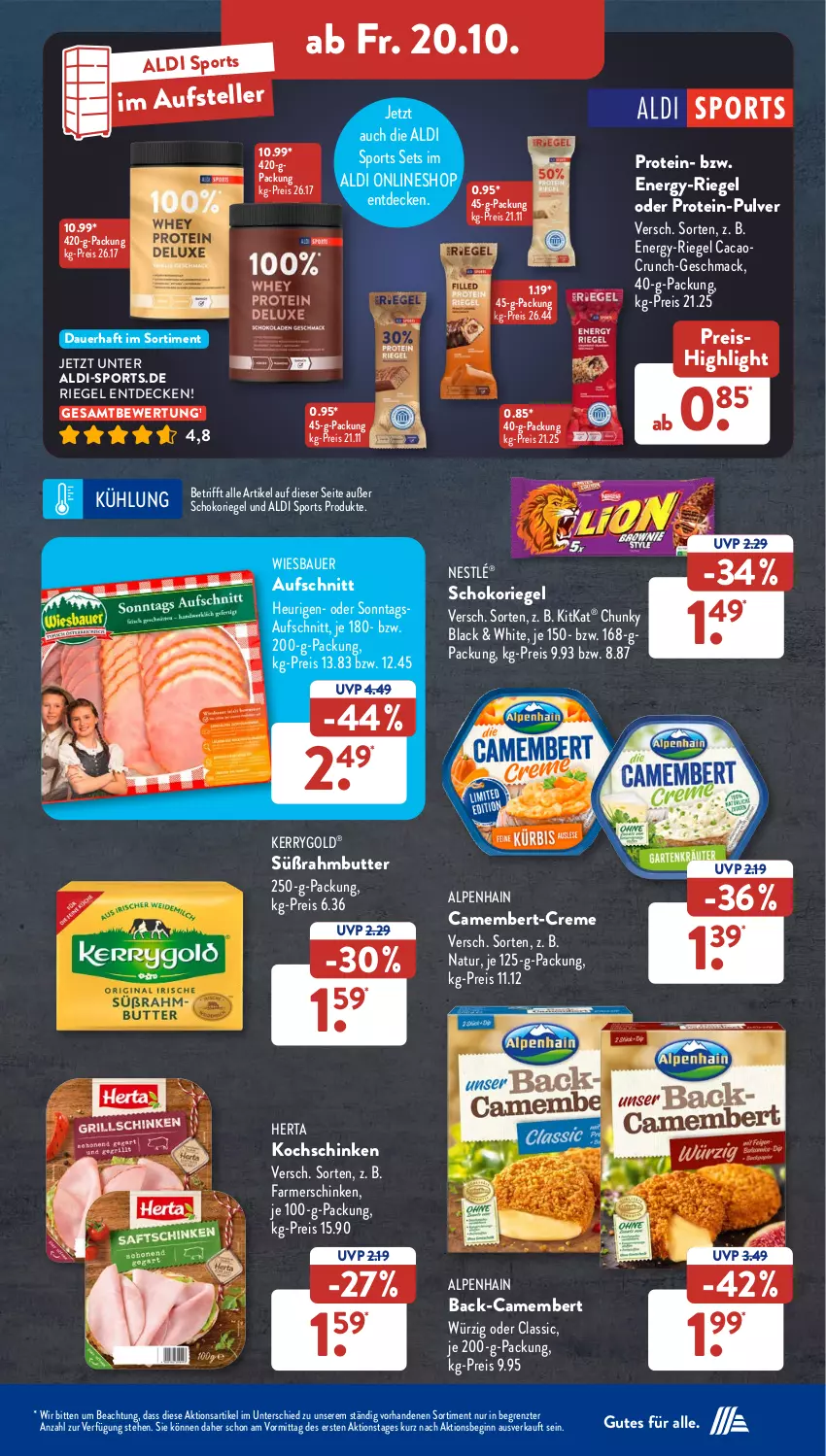 Aktueller Prospekt AldiSud - NÄCHSTE WOCHE - von 16.10 bis 21.10.2023 - strona 31 - produkty: aldi, Alpenhain, auer, aufschnitt, Bau, Bauer, butter, camembert, creme, decke, eis, elle, farmerschinken, gin, herta, Heu, kerrygold, kitkat, kochschinken, lack, mac, natur, nestlé, reis, riegel, schinken, schoko, schokoriegel, Sport, Süßrahmbutter, teller, Ti, wiesbauer, ZTE