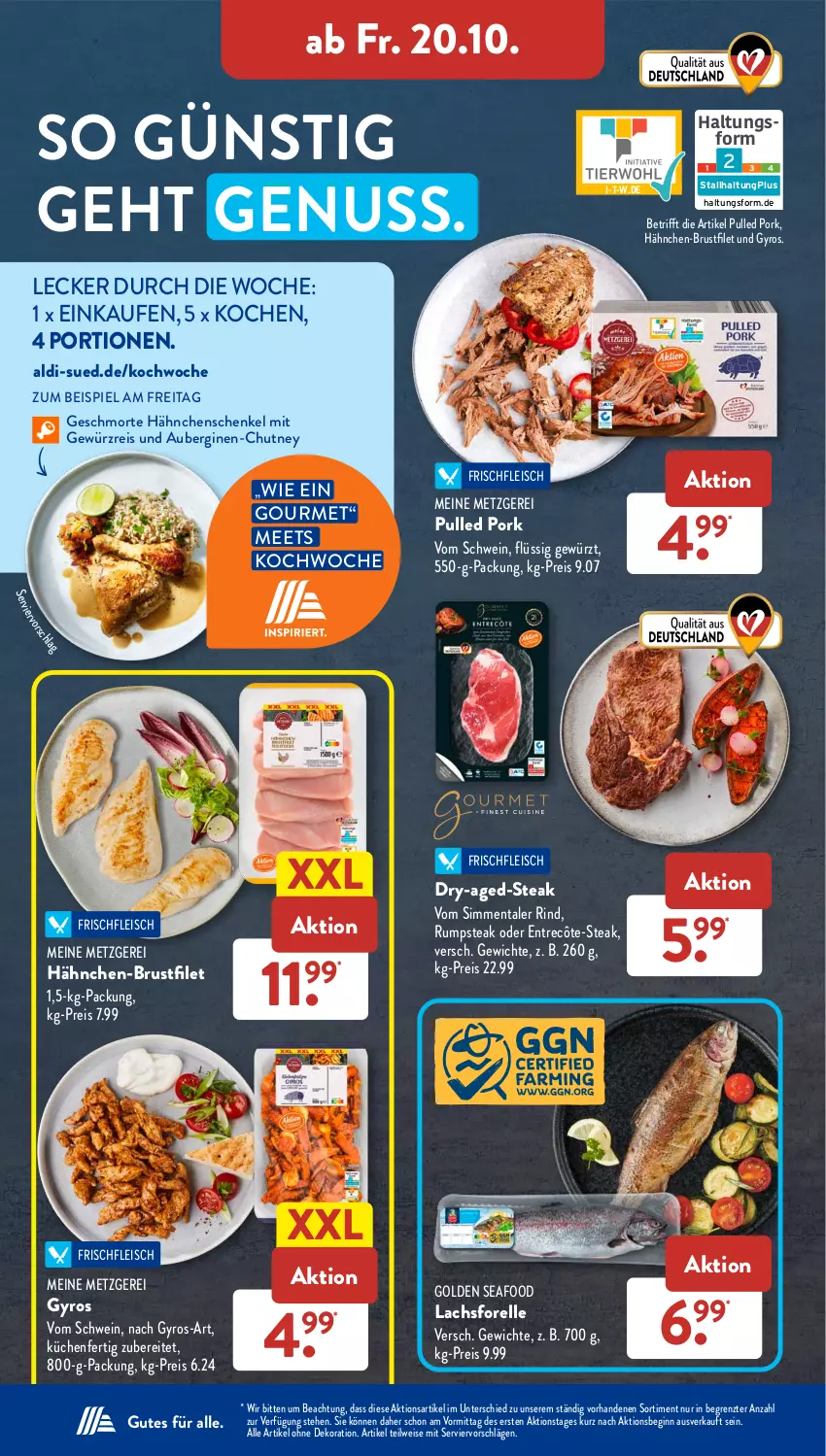 Aktueller Prospekt AldiSud - NÄCHSTE WOCHE - von 16.10 bis 21.10.2023 - strona 34 - produkty: aldi, alle artikel ohne dekoration, aubergine, auberginen, brustfilet, dekoration, eis, elle, entrecôte, filet, fleisch, forelle, gewürz, gin, gyros, hähnchen-brustfilet, hähnchenschenkel, henkel, küche, Küchen, lachs, nuss, Pulled Pork, reis, rel, rind, rum, rumpsteak, schenkel, schwein, sim, steak, Ti, wein, ZTE