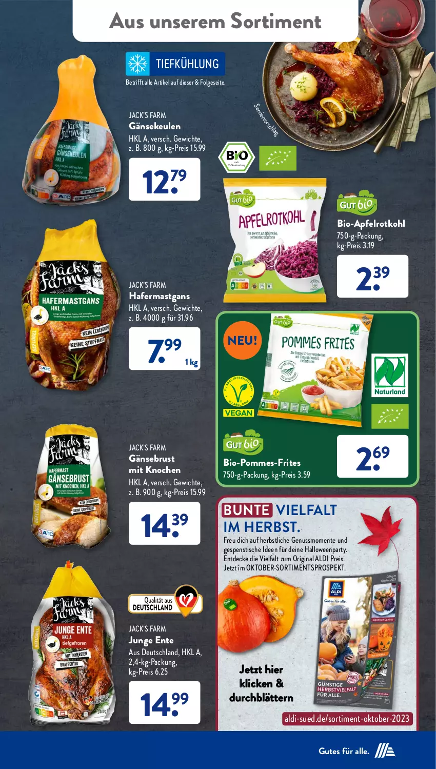 Aktueller Prospekt AldiSud - NÄCHSTE WOCHE - von 16.10 bis 21.10.2023 - strona 39 - produkty: aldi, apfel, bio, decke, eis, ente, Gänsebrust, Gänsekeulen, gin, hafer, LG, nuss, pommes, pommes-frites, reis, rotkohl, Ti, tisch