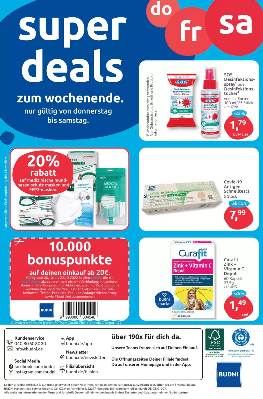 Aktueller Prospekt Budni - Prospekte - von 17.10 bis 22.10.2022 - strona 12 - produkty: bio, corona, Desinfektion, drucker, eis, elle, kerze, Omep, Rauch, reis, ring, Schnelltest, teller, Ti, trolli, tücher, vita, Vitamin C, Yo, ZTE