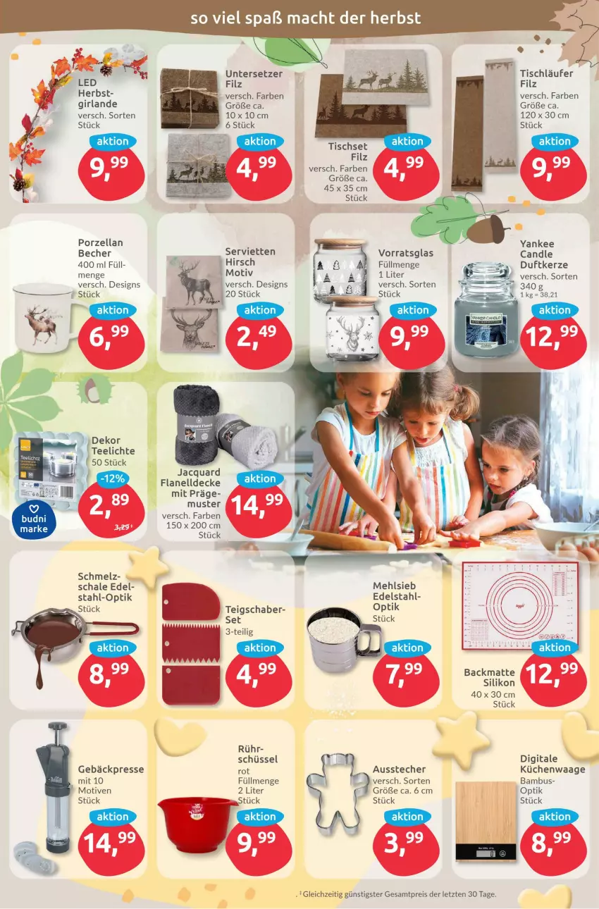 Aktueller Prospekt Budni - Prospekte - von 17.10 bis 22.10.2022 - strona 7 - produkty: Ausstecher, Backmatte, bambus, Becher, decke, Duftkerze, edelstahl, eis, Gebäckpresse, Girlande, kerze, küche, Küchen, Küchenwaage, Läufer, mac, mehl, reis, Schal, Schale, schüssel, Serviette, servietten, Ti, tisch, tischläufer, Tischset, Untersetzer, Waage, ZTE