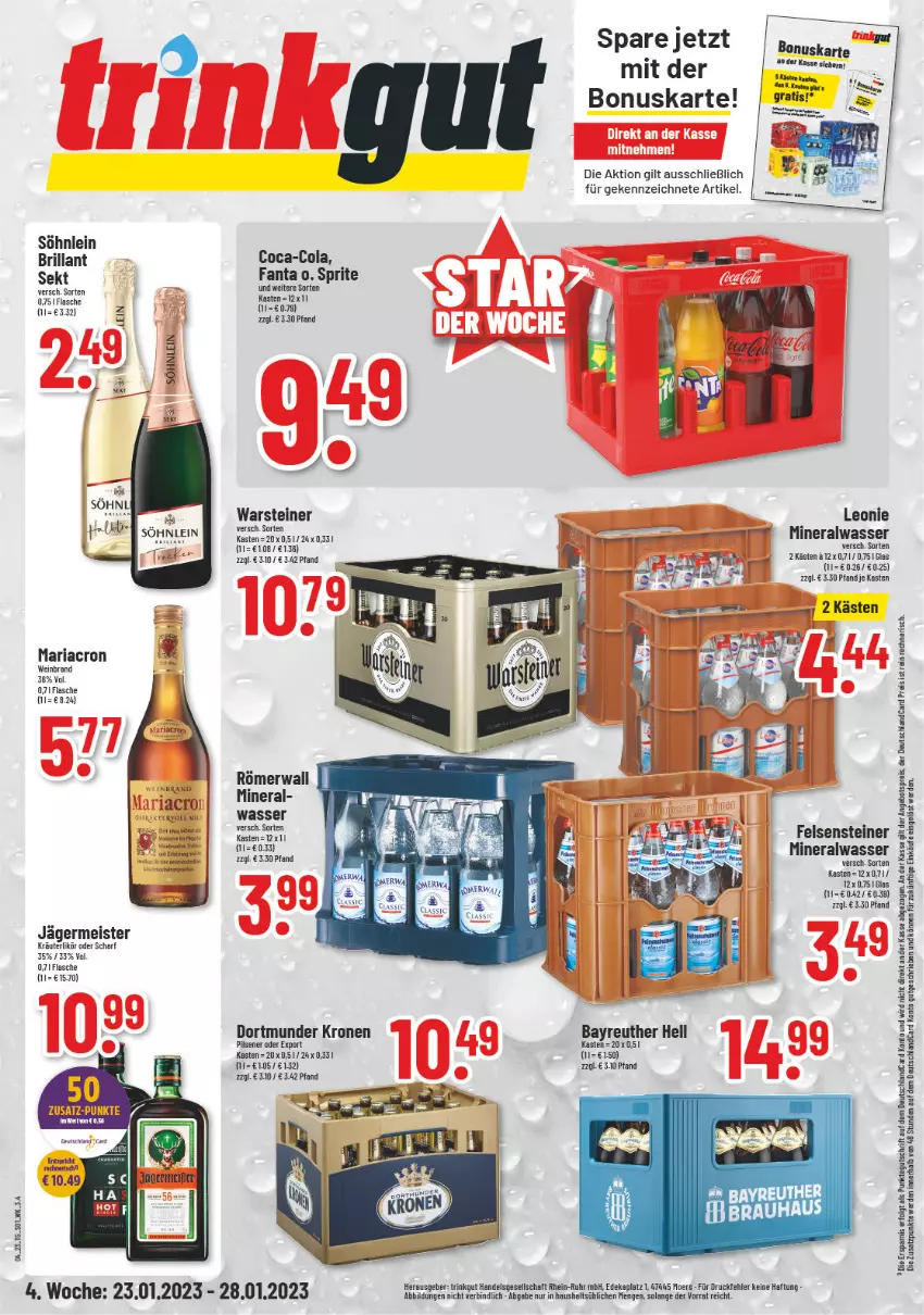 Aktueller Prospekt Trinkgut - von 23.01 bis 28.01.2023 - strona 1 - produkty: Alwa, angebot, angebotspreis, brillant sekt, coca-cola, cola, deka, deutschlandcard, eis, erde, fanta, flasche, Germ, jägermeister, kräuter, kräuterlikör, krone, LG, likör, mariacron, Meister, mineralwasser, reis, Ria, Ryor, sekt, söhnlein, söhnlein brillant, sprite, steiner, Ti, uhr, warsteiner, wasser, wein, weinbrand, Yo