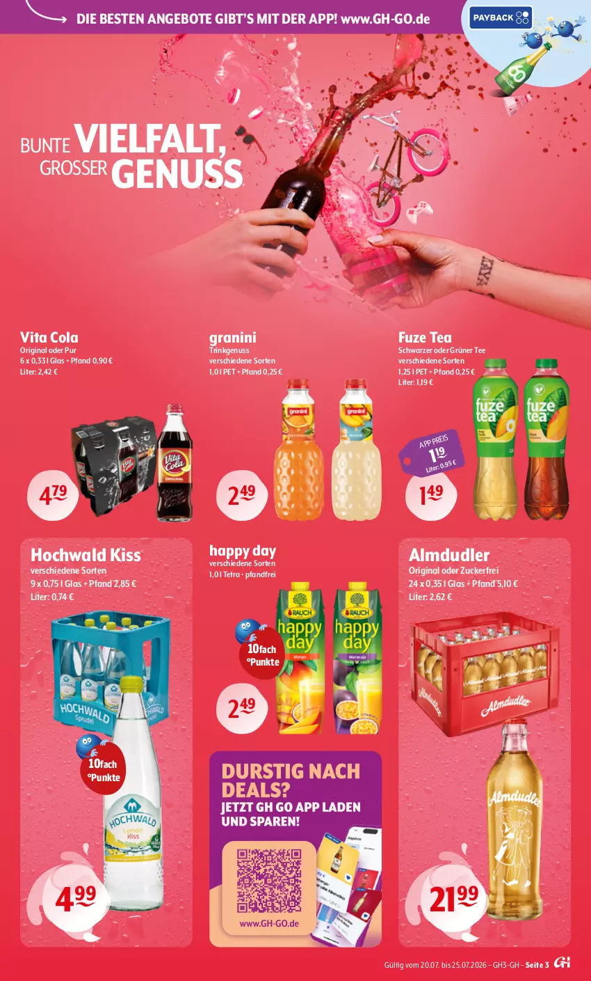 Aktueller Prospekt Getraenke Hoffmann - Prospekte - von 20.07 bis 25.07.2026 - strona 3 - produkty: almdudler, angebot, angebote, cola, eis, fuze tea, gin, granini, grüner tee, Happy Day, hochwald, nuss, tee, Ti, vita, Vita C, zucker