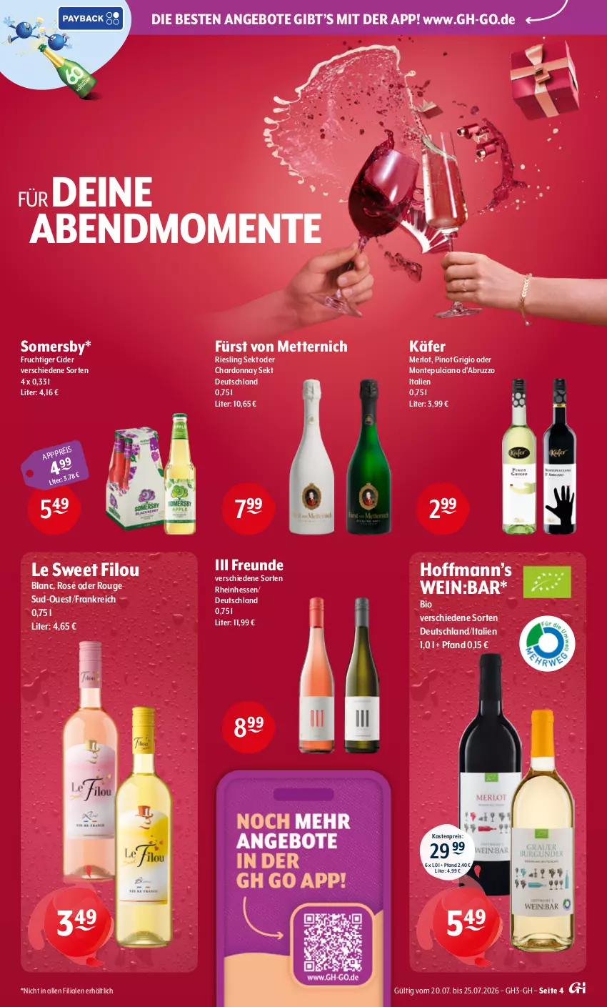 Aktueller Prospekt Getraenke Hoffmann - Prospekte - von 20.07 bis 25.07.2026 - strona 4 - produkty: angebot, angebote, bio, chardonnay, cider, eis, ente, frucht, fürst von metternich, käfer, merl, merlot, Mett, metternich, monte, Montepulciano, Pinot, pinot grigio, reis, riesling, rouge, sekt, somersby, Ti, wein