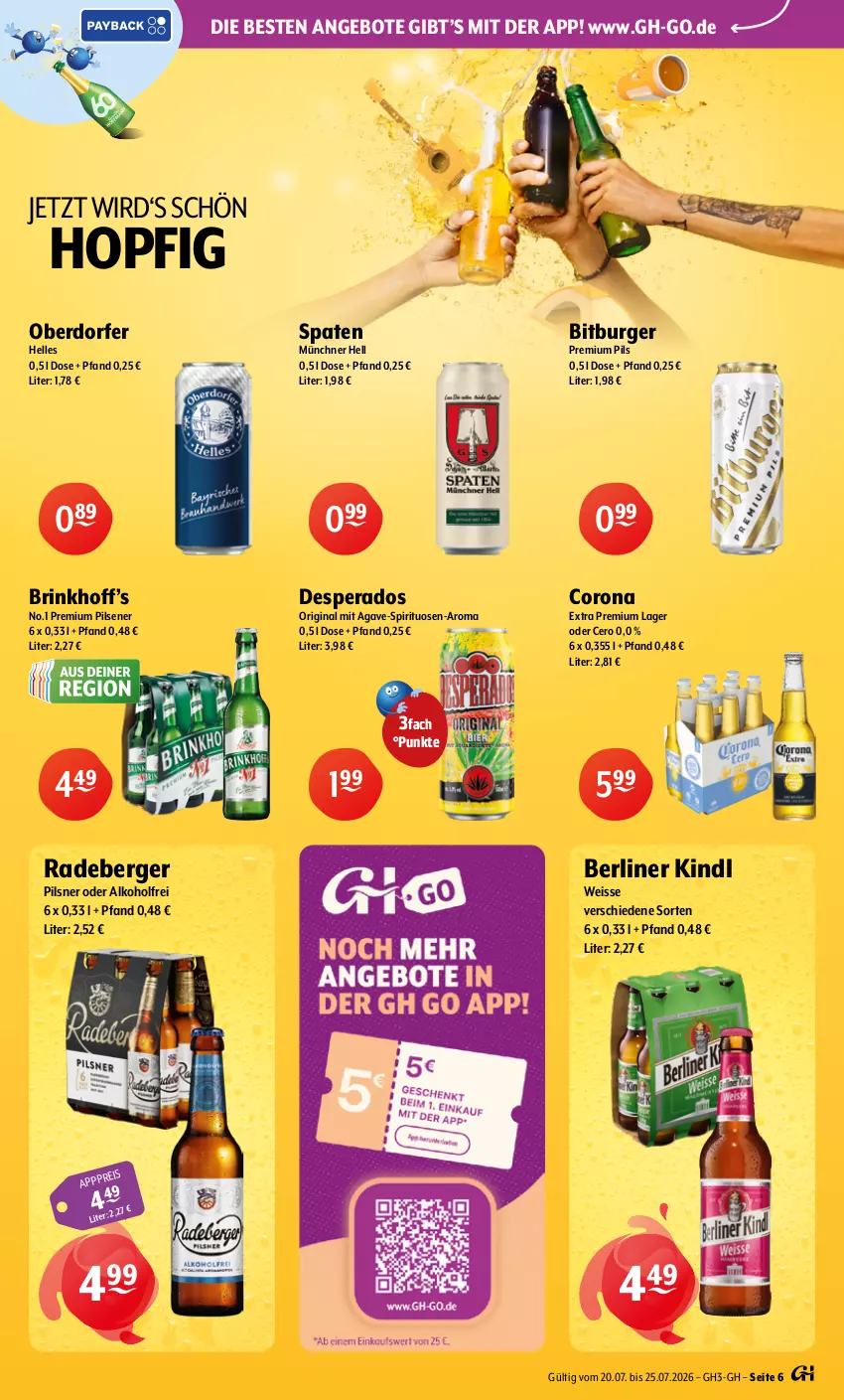 Aktueller Prospekt Getraenke Hoffmann - Prospekte - von 20.07 bis 25.07.2026 - strona 6 - produkty: alkohol, angebot, angebote, Berger, berliner, berliner kindl, bitburger, burger, corona, corona extra, desperados, eis, elle, gin, pils, pilsener, pilsner, premium pils, radeberger, radeberger pilsner, Spaten, spirituosen, Ti