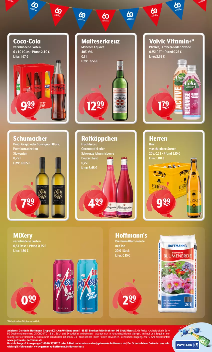 Aktueller Prospekt Getraenke Hoffmann - Prospekte - von 20.07 bis 25.07.2026 - strona 8 - produkty: abholpreise, apfel, aqua, aquavit, beere, bier, blume, blumen, blumenerde, coca-cola, cola, ecco, eis, erde, frucht, fruchtsecco, getränk, getränke, gewinnspiel, grana, granatapfel, himbeer, himbeere, johannisbeere, mac, malteser, Mixer, mixery, pfirsich, Pinot, pinot grigio, Rana, reis, rotkäppchen, sac, sauvignon, sauvignon blanc, Spiele, Ti, vita, volvic, zitrone