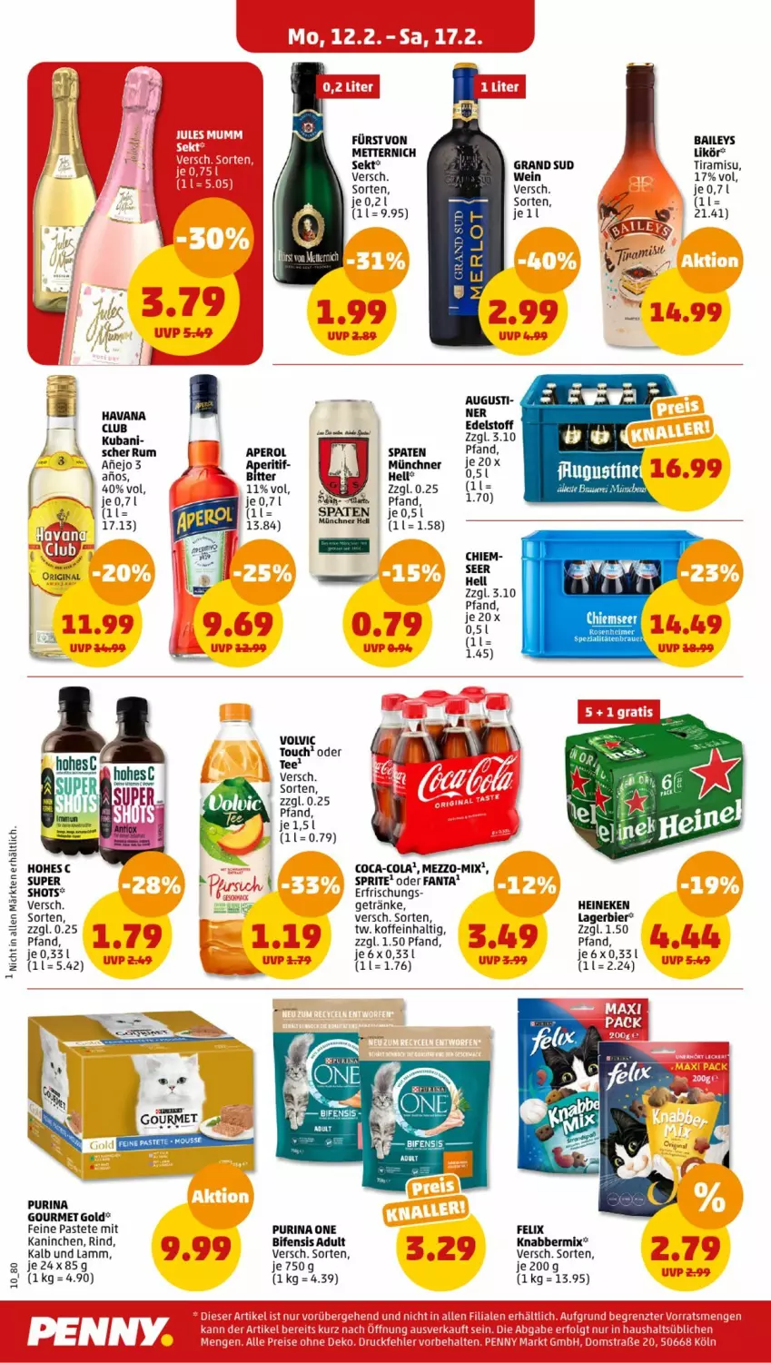 Aktueller Prospekt Penny - Prospekte - von 12.02 bis 17.02.2024 - strona 10 - produkty: aperol, baileys, bier, coca-cola, cola, eimer, fanta, felix, getränk, getränke, gin, gourmet gold, grand sud, heineken, Hohes C, Lagerbier, lamm, likör, Mett, metternich, pastete, purina, rind, rum, sekt, Spaten, sprite, tee, Ti, tiramisu, wein