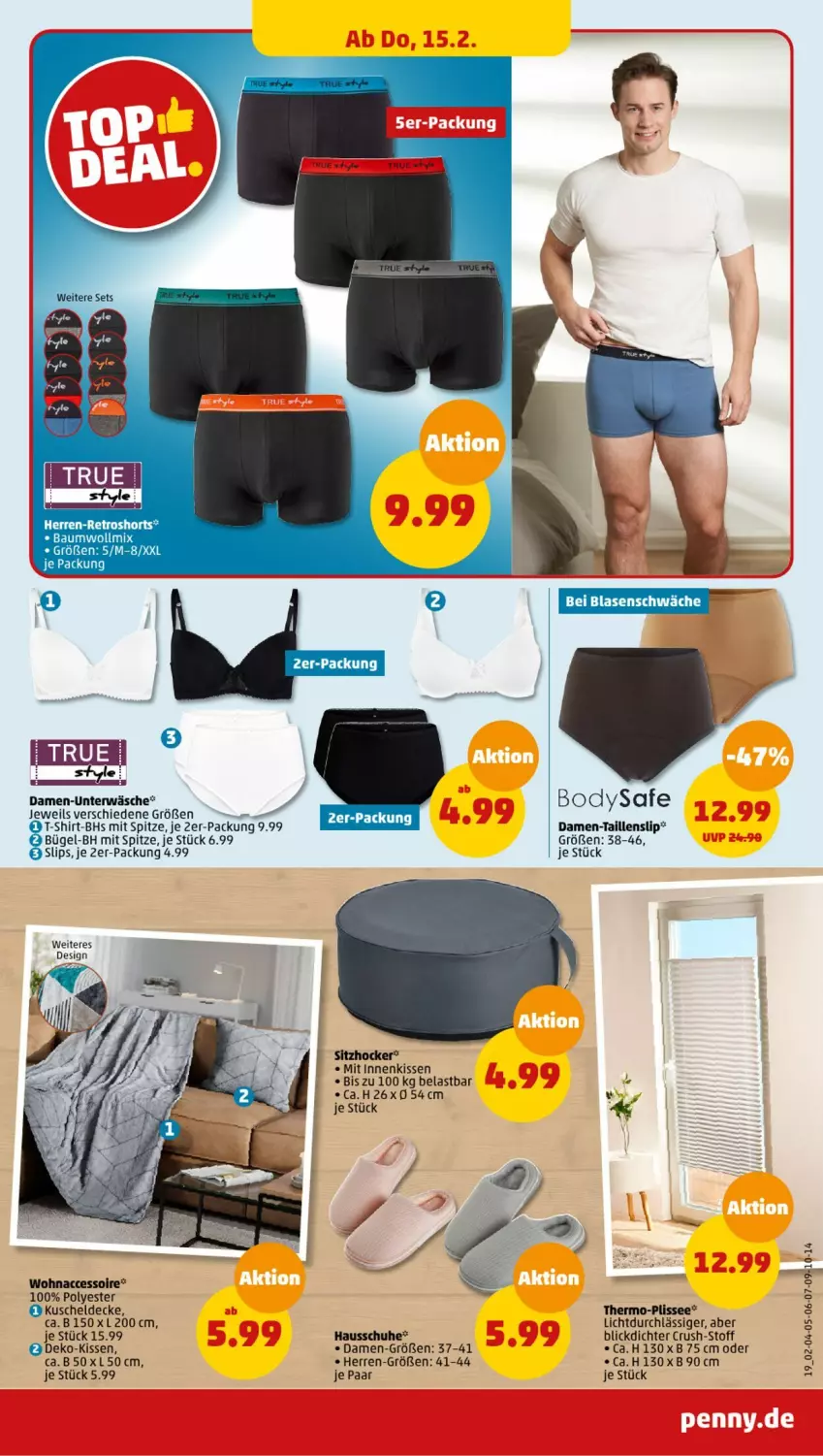 Aktueller Prospekt Penny - Prospekte - von 12.02 bis 17.02.2024 - strona 19 - produkty: ACC, body, bügel, decke, Hausschuhe, hocker, kissen, kuscheldecke, schuhe, shirt, slip, slips, T-Shirt, Taillenslip, Unterwäsche