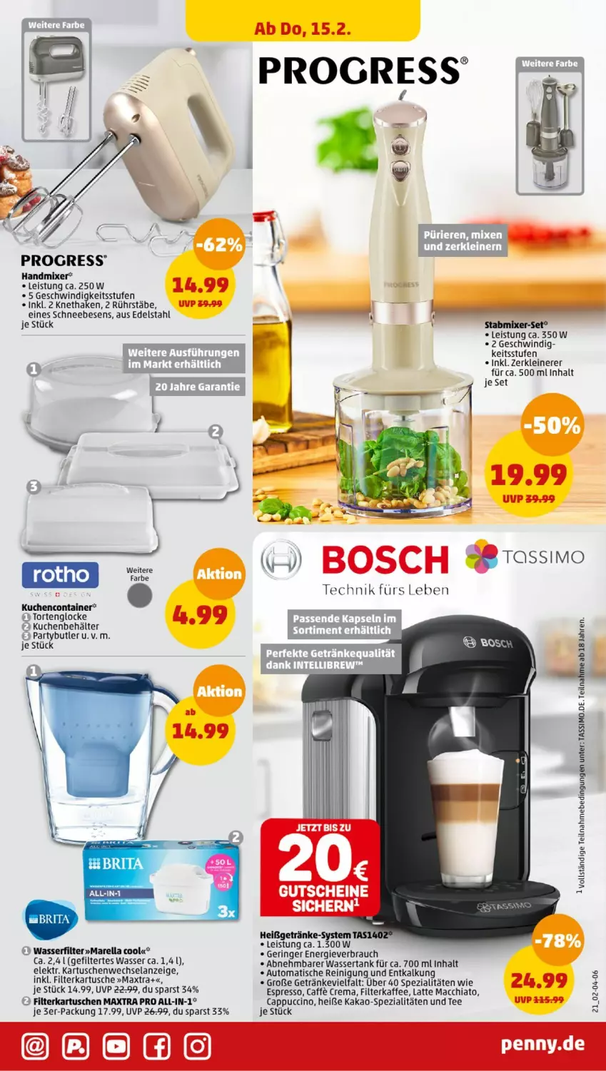 Aktueller Prospekt Penny - Prospekte - von 12.02 bis 17.02.2024 - strona 21 - produkty: ACC, auto, Behälter, caffe, Cap, cappuccino, chia, cin, edelstahl, eis, Elan, espresso, filterkaffee, filterkartuschen, getränk, getränke, gutschein, gutscheine, kaffee, kakao, kuchen, latte, latte macchiato, leine, mac, macchiato, Maxtra, Mixer, Rauch, Reinigung, rel, ring, Schneebesen, sim, Spezi, stabmixer, tassimo, tee, Ti, tisch, torte, wasser, wasserfilter, wassertank, Zerkleinerer