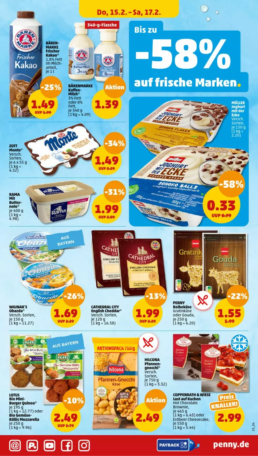 Aktueller Prospekt Penny - Prospekte - von 12.02 bis 17.02.2024 - strona 25 - produkty: bärenmarke, bio, bio gemüse, brownie, burger, cheddar, cheesecake, cola, coppenrath, flasche, gnocchi, gouda, hilcona, kaffee, kakao, Käse, kuchen, Lust auf Kuchen, milch, monte, mozzarella, obazda, pfanne, pfannen, quinoa, Reibekäse, rel, Ti, zott, Zott Monte