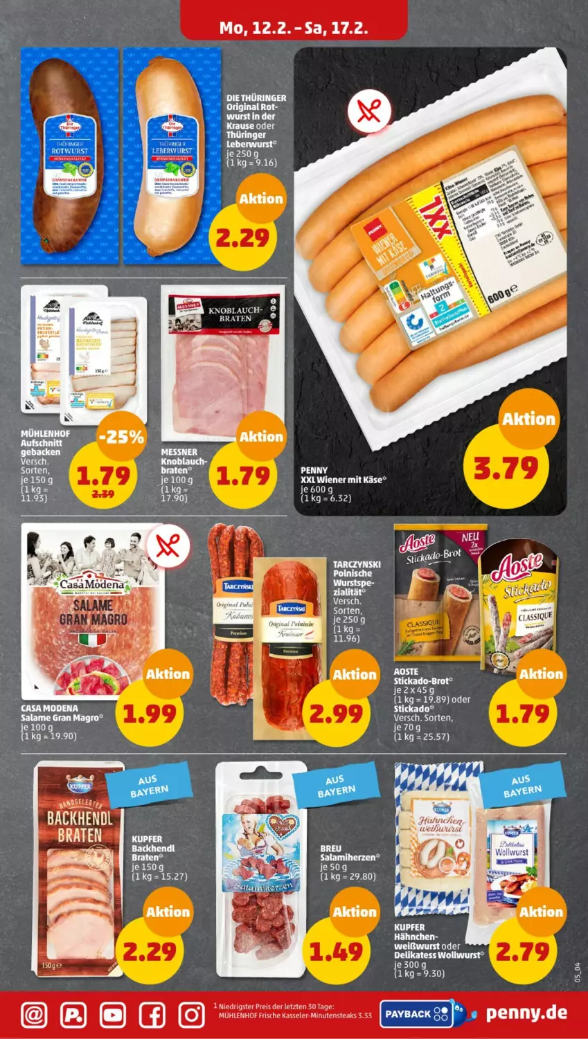 Aktueller Prospekt Penny - Prospekte - von 12.02 bis 17.02.2024 - strona 5 - produkty: aust, Backhendl, Bau, braten, brot, eis, elle, filet, gin, Hendl, Käse, kasseler, knoblauch, minutensteaks, nuss, reis, ring, salami, steak, steaks, stickado, tee, Ti, Weißwurst, wiener, wurst, ZTE