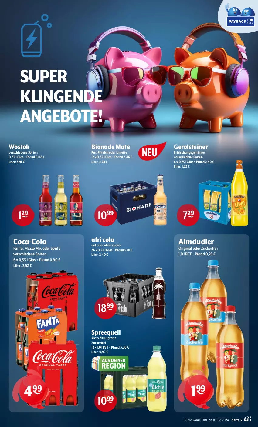 Aktueller Prospekt Getraenke Hoffmann - Prospekte - von 01.08 bis 03.08.2024 - strona 3 - produkty: Afri Cola, almdudler, angebot, angebote, bio, bionade, coca-cola, cola, erfrischungsgetränk, erfrischungsgetränke, fanta, gerolsteine, gerolsteiner, getränk, getränke, gin, limette, Mett, Mezzo Mix, oder sprite, pfirsich, Spreequell, sprite, steiner, Ti, zucker