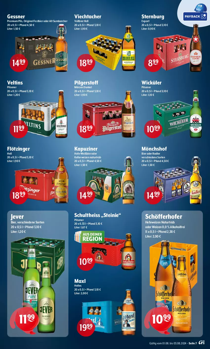 Aktueller Prospekt Getraenke Hoffmann - Prospekte - von 01.08 bis 03.08.2024 - strona 7 - produkty: alkohol, bier, eis, elle, Gessner, gin, Hefe, hefeweizen, jever, LG, Maxl Helles, mönchshof, natur, oder radler, pils, pilsener, premium pils, radler, rwe, schöfferhofer, Schultheiss, Sternburg, Ti, veltins, veltins pilsener, WICK