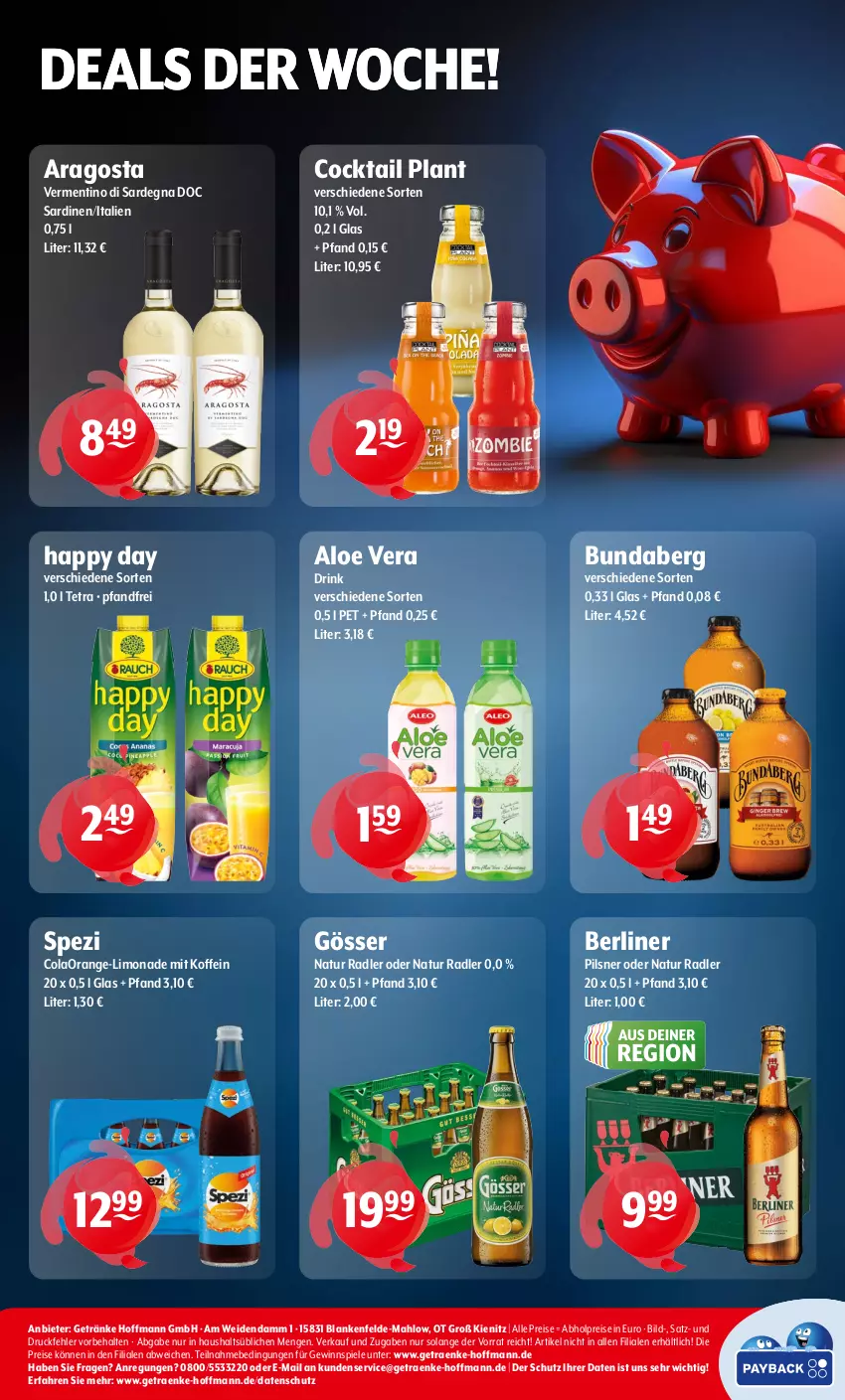 Aktueller Prospekt Getraenke Hoffmann - Prospekte - von 01.08 bis 03.08.2024 - strona 8 - produkty: abholpreise, aloe vera, berliner, Bundaberg, cocktail, cola, drink, eis, getränk, getränke, gewinnspiel, gösser, Happy Day, limo, limonade, natur, natur radler, orange, pils, pilsner, radler, reis, Sardinen, Spezi, Spiele, Ti