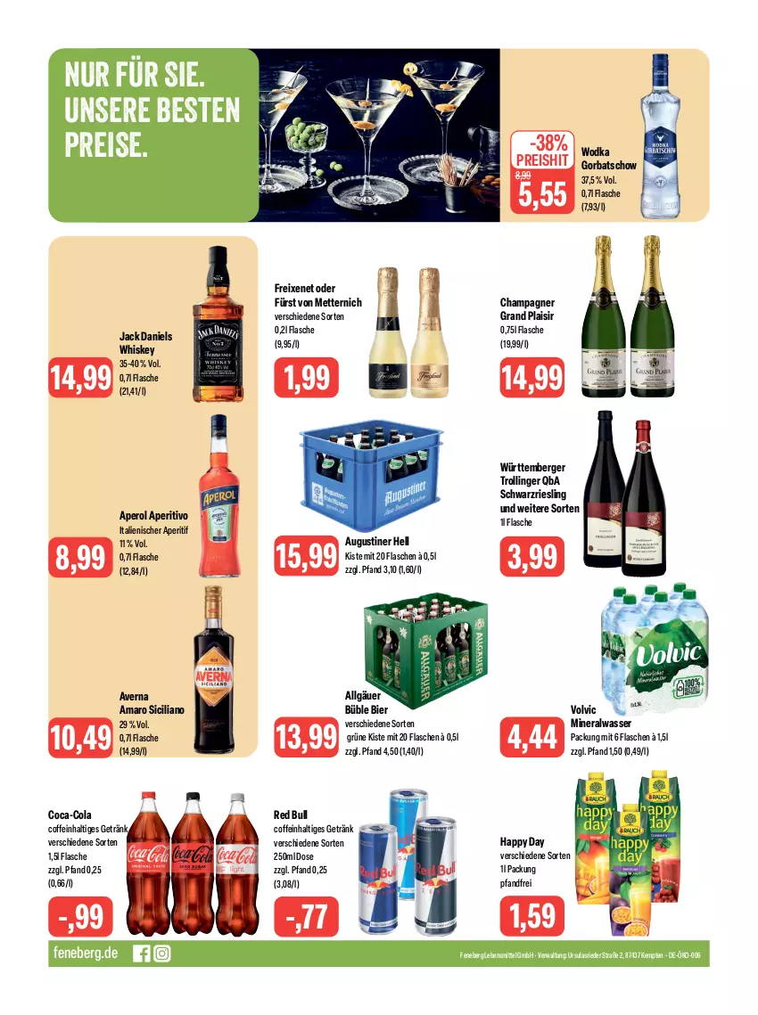 Aktueller Prospekt Feneberg - Prospekte - von 28.12 bis 30.12.2023 - strona 16 - produkty: Alwa, amaro, aperitif, aperol, averna, Berger, bier, champagne, champagner, coca-cola, coffein, cola, eis, flasche, freixenet, fürst von metternich, getränk, Gorbatschow, Happy Day, jack daniel, jack daniels, lebensmittel, LG, Mett, metternich, mineralwasser, red bull, reis, riesling, schwarzriesling, Ti, trolli, trollinger, volvic, wasser, whiskey, wodka