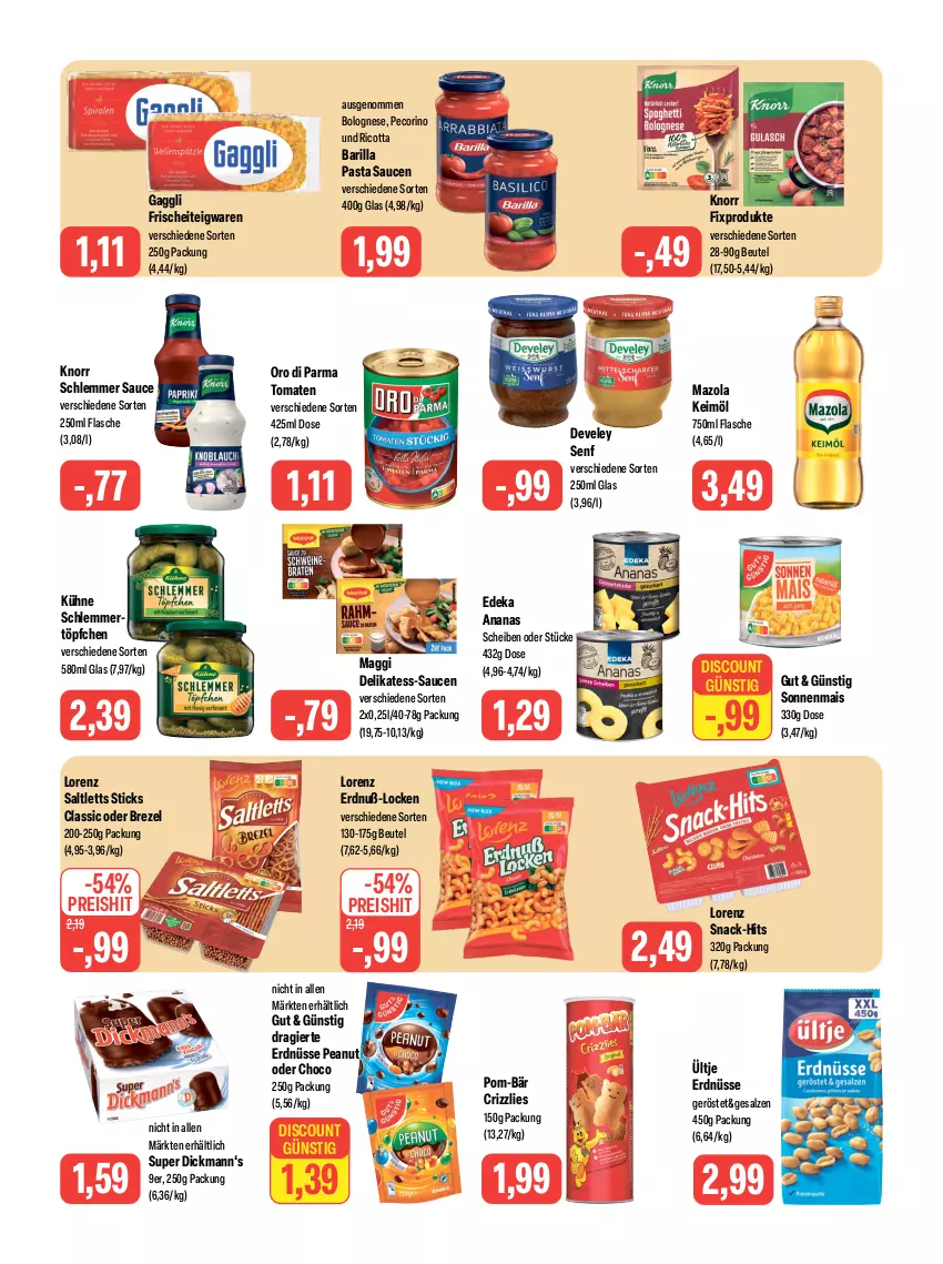 Aktueller Prospekt Feneberg - Prospekte - von 28.12 bis 30.12.2023 - strona 9 - produkty: ananas, barilla, beutel, bolognese, brezel, deka, develey, discount, eis, erdnüsse, flasche, gaggli, keimöl, knorr, knorr fix, Kühne, lorenz, maggi, mais, mazola, oro di parma, pasta, Pasta Sauce, Pecorino, pom-bär, reis, ricotta, saltletts, salz, sauce, saucen, schlemmertöpfchen, senf, snack, teigwaren, Ti, tomate, tomaten, Töpfchen, ültje, ültje erdnüsse