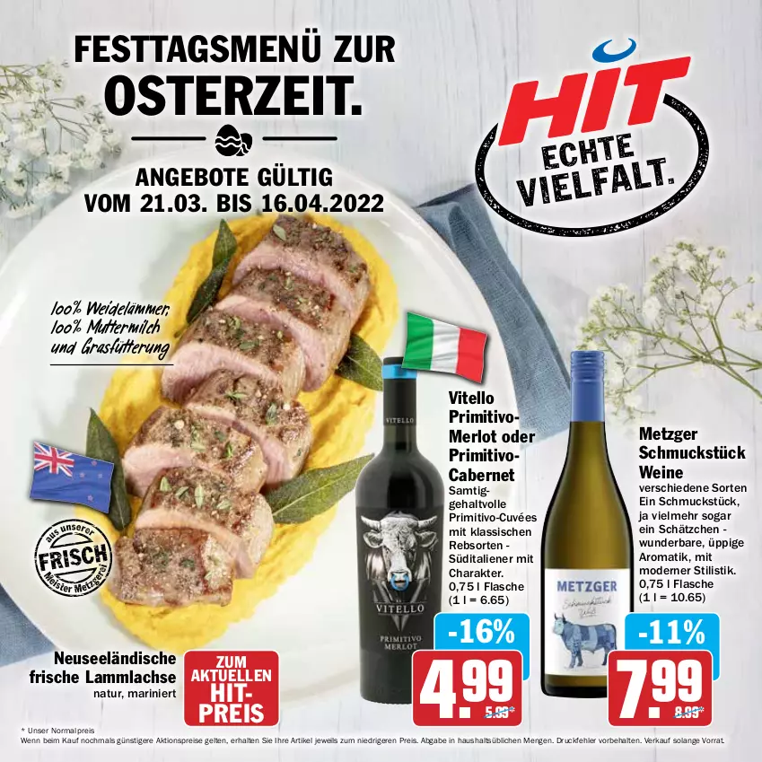 Aktueller Prospekt Hit - Prospekte - von 21.03 bis 16.04.2022 - strona 1 - produkty: aktionspreis, angebot, angebote, cabernet, cuvée, eis, elle, flasche, lachs, lamm, lammlachse, merl, merlot, milch, Mode, natur, primitivo, reis, Schmuck, Ti, wein, weine