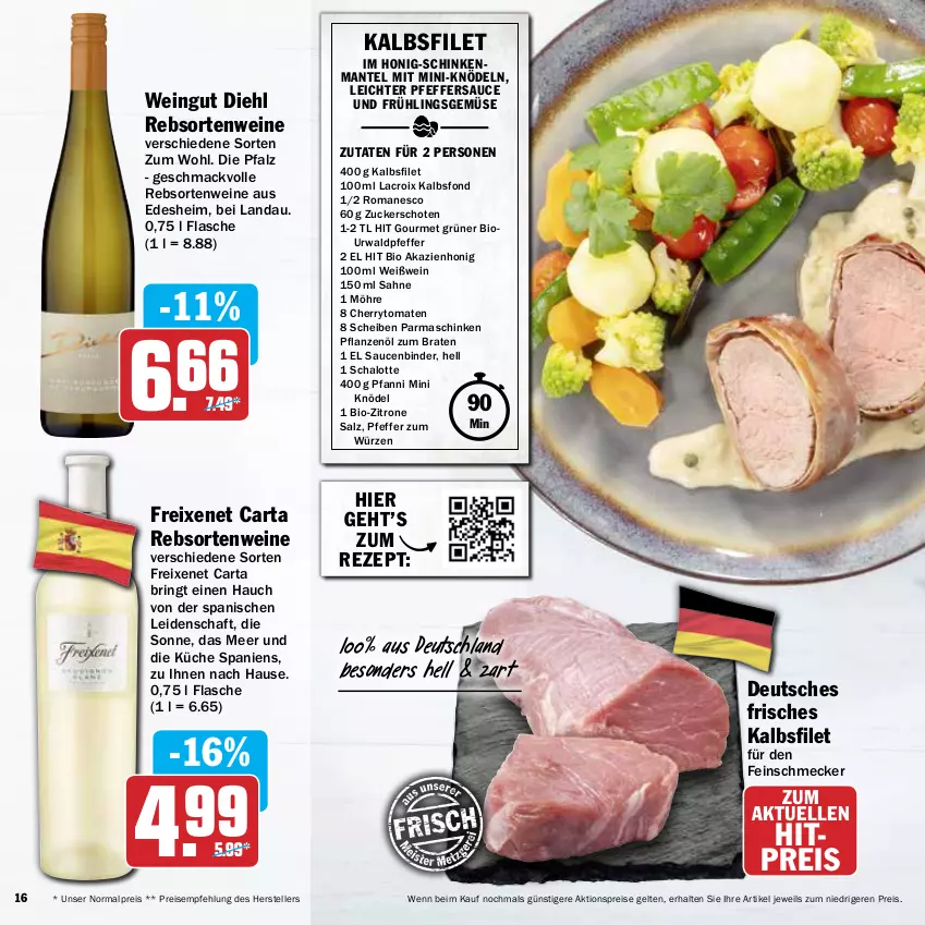 Aktueller Prospekt Hit - Prospekte - von 21.03 bis 16.04.2022 - strona 16 - produkty: aktionspreis, bio, braten, bsf, cherrytomaten, eis, elle, feinschmecker, filet, flasche, freixenet, honig, Knödel, küche, mac, Mantel, parmaschinken, pfanni, pfeffer, pflanze, pflanzen, Pflanzenöl, rebsortenweine, reis, rezept, ring, sahne, salz, sauce, saucen, Schal, Schalotte, schinken, teller, Ti, tomate, tomaten, wein, weine, Weißwein, zitrone, zucker