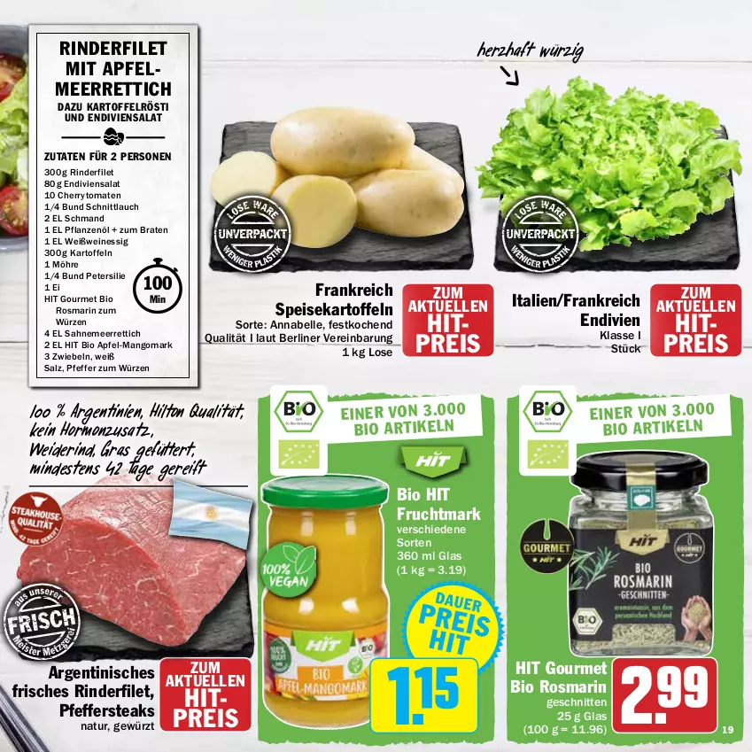 Aktueller Prospekt Hit - Prospekte - von 21.03 bis 16.04.2022 - strona 19 - produkty: apfel, berliner, bio, bio hit, braten, cherrytomaten, eis, elle, essig, filet, frucht, Fruchtmark, gewürz, kartoffel, kartoffeln, mango, meerrettich, natur, petersilie, pfeffer, pflanze, pflanzen, Pflanzenöl, reis, Rettich, rind, rinder, rinderfilet, rosmarin, sahne, salat, salz, schmand, schnitten, schnittlauch, speisekartoffeln, steak, steaks, Ti, tomate, tomaten, wein, weine, Weißwein, zwiebel, zwiebeln