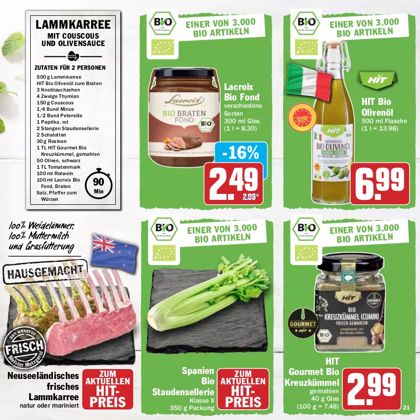 Aktueller Prospekt Hit - Prospekte - von 21.03 bis 16.04.2022 - strona 21 - produkty: bio, braten, couscous, eis, elle, flasche, knoblauch, lamm, milch, minze, natur, olive, oliven, olivenöl, paprika, petersilie, pfeffer, reis, rotwein, salz, sauce, Schal, Schalotte, stauden, Ti, tomate, tomaten, tomatenmark, wein