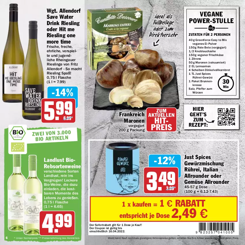 Aktueller Prospekt Hit - Prospekte - von 21.03 bis 16.04.2022 - strona 6 - produkty: aktionspreis, auer, bio, Bio-Wein, brot, brunnen, coupon, drink, eis, elle, ente, flasche, frischkäse, fritz, gewürz, Gewürzmischung, ilag, Käse, knoblauch, korn, Kornbrot, mac, pfeffer, rebsortenweine, reis, rezept, riesling, rote bete, salz, sofortrabatt, teller, Ti, vollkornbrot, wein, weine, zitrone