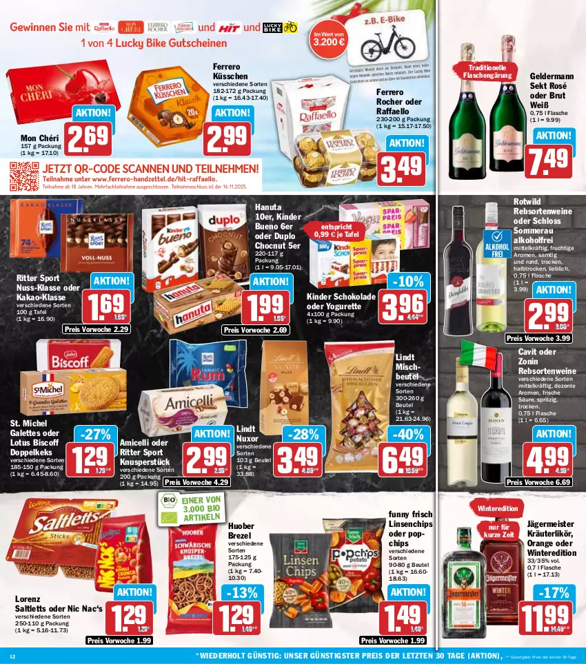 Aktueller Prospekt Hit - Wochenprospekt - von 03.11 bis 08.11.2025 - strona 12 - produkty: alkohol, amicelli, beutel, bio, biscoff, brezel, brut, chips, duplo, eis, elle, ente, ferrero, Ferrero Küsschen, Ferrero Rocher, flasche, frucht, Funny Frisch, geldermann, Germ, hanuta, huober, jägermeister, kakao, keks, Kinder, kinder bueno, kinder schokolade, kräuter, kräuterlikör, likör, lindt, linsen, lorenz, Meister, Mon Chéri, nuss, oder yogurette, orange, raffaello, rebsortenweine, reis, ritter, ritter sport, saltletts, schoko, schokolade, sekt, Sport, Ti, wein, weine, Wild, Yo, yogurette, zonin, ZTE