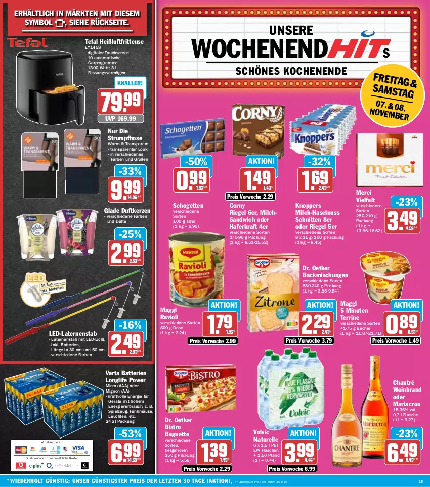 Aktueller Prospekt Hit - Wochenprospekt - von 03.11 bis 08.11.2025 - strona 15 - produkty: auto, backmischung, Backmischungen, baguette, batterie, batterien, Becher, Bistro Baguette, chantré, corny, Dr. Oetker, Duftkerze, eis, elle, ente, flasche, fritteuse, Glade, hafer, haselnuss, Heißluftfritteuse, hose, kerze, knoppers, kraft, laterne, led-licht, Leuchte, leuchten, longlife, maggi, mariacron, merci, milch, natur, nuss, Rauch, ravioli, reis, rel, Ria, riegel, rum, sandwich, schnitten, schogetten, spielzeug, Strumpfhose, tefal, terrine, Ti, Tiere, tisch, touchscreen, varta, volvic, wein, weinbrand, ZTE