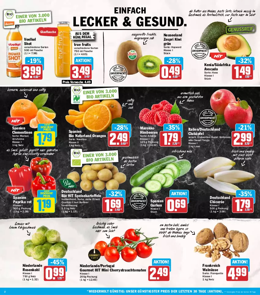 Aktueller Prospekt Hit - Wochenprospekt - von 03.11 bis 08.11.2025 - strona 2 - produkty: auer, aufstrich, aus dem kühlregal, avocado, Bau, beere, beeren, berliner, bio, bio hit, braten, brot, brotaufstrich, butter, clementinen, discount, eis, Elan, flasche, fleisch, früchte, glasflasche, grill, gurke, gurken, himbeer, himbeere, himbeeren, kartoffel, kartoffeln, kiwi, kühlregal, LG, mac, natur, naturland, navelina, nuss, orange, orangen, paprika, paprika rot, pasta, Rauch, regal, reis, rosen, Rosenkohl, rwe, saft, salat, snack, speisekartoffeln, strauchtomaten, Ti, tisch, tomate, tomaten, true fruits, walnuss, zespri, ZTE, zucker
