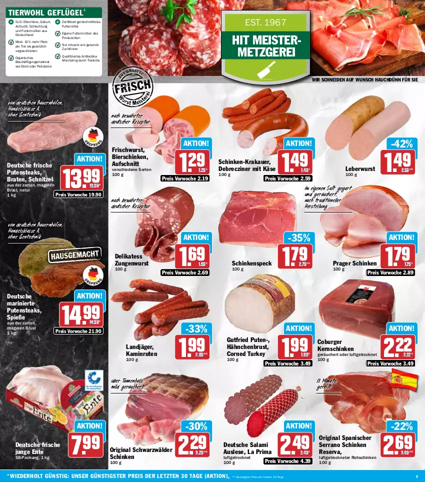 Aktueller Prospekt Hit - Wochenprospekt - von 03.11 bis 08.11.2025 - strona 5 - produkty: auer, aufschnitt, Bau, Bauer, bier, bierschinken, bio, braten, burger, debrecziner, eis, elle, ente, Geflügel, gin, gutfried, hähnchenbrust, Holz, Kamin, Käse, kernschinken, krakauer, landjäger, leberwurst, Meister, monitor, natur, pute, putensteaks, reis, rezept, Ria, ring, rohschinken, saft, salami, schinken, schinkenspeck, schnitzel, schwarzwälder schinken, serrano, serrano schinken, Speck, steak, steaks, Ti, Tiere, wurst, ZTE