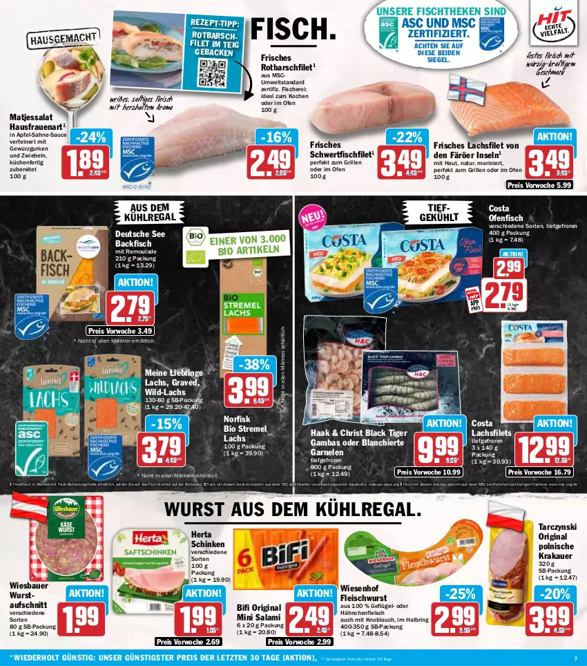 Aktueller Prospekt Hit - Wochenprospekt - von 03.11 bis 08.11.2025 - strona 7 - produkty: apfel, aqua, auer, aufschnitt, aus dem kühlregal, backfisch, Bau, Bauer, bifi, bio, eis, filet, filets, fisch, fische, Fischer, fischtheke, fleisch, fleischwurst, frischfisch, garnelen, geback, Geflügel, gewürz, Gewürzgurke, gewürzgurken, gin, grill, gurke, gurken, Hähnchenfleisch, herta, knoblauch, krakauer, küche, Küchen, kühlregal, lachs, lachsfilet, lachsfilets, lack, mac, matjes, mit knoblauch, natur, Ofen, regal, reis, remoulade, ring, Rotbarsch, rotbarschfilet, saft, sahne, salami, salat, sauce, Schere, schinken, Ti, wiesbauer, wiesenhof, Wild, wurst, ZTE, zwiebel, zwiebeln
